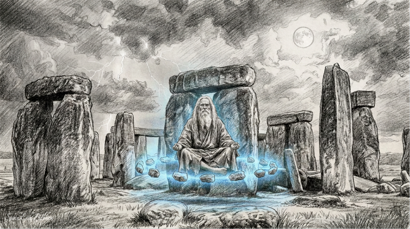 A mystical illustration of Stonehenge with a glowing blue aura, a seated wise man with a beard meditating in front, under a stormy sky with lightning and a full moon.