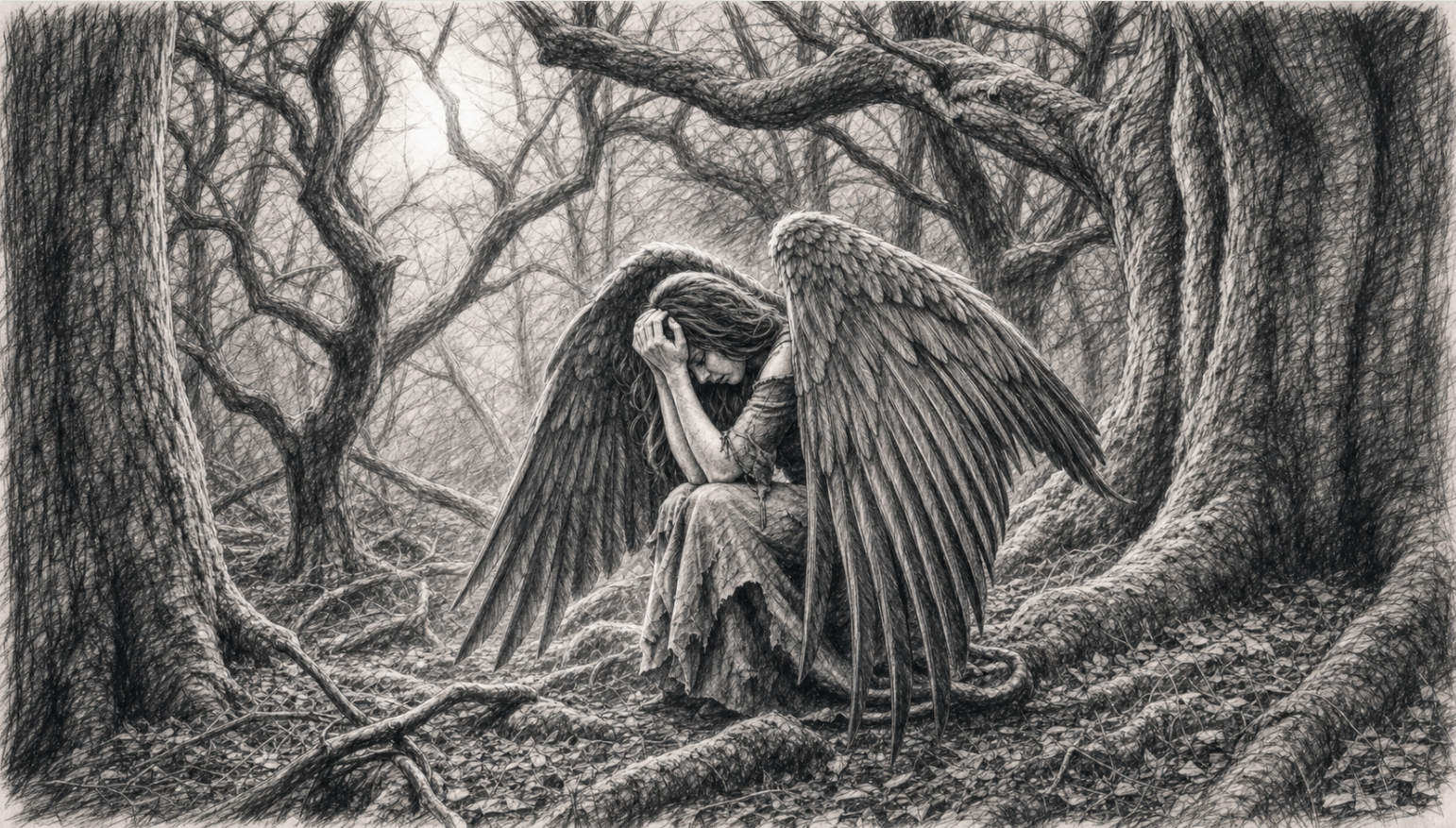 A grayscale drawing of a sorrowful angel with dark wings, sitting on a fallen log in a twisted, barren forest, holding her head in her hands.