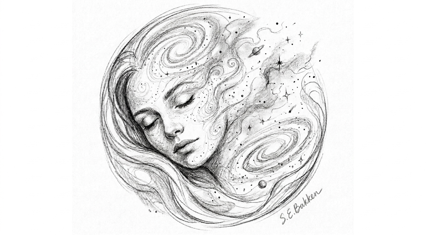 A black and white pencil drawing of a woman's face with closed eyes, surrounded by swirling cosmic patterns of stars, planets, and galaxies. Signature "S. E. Bakken" at the bottom right.