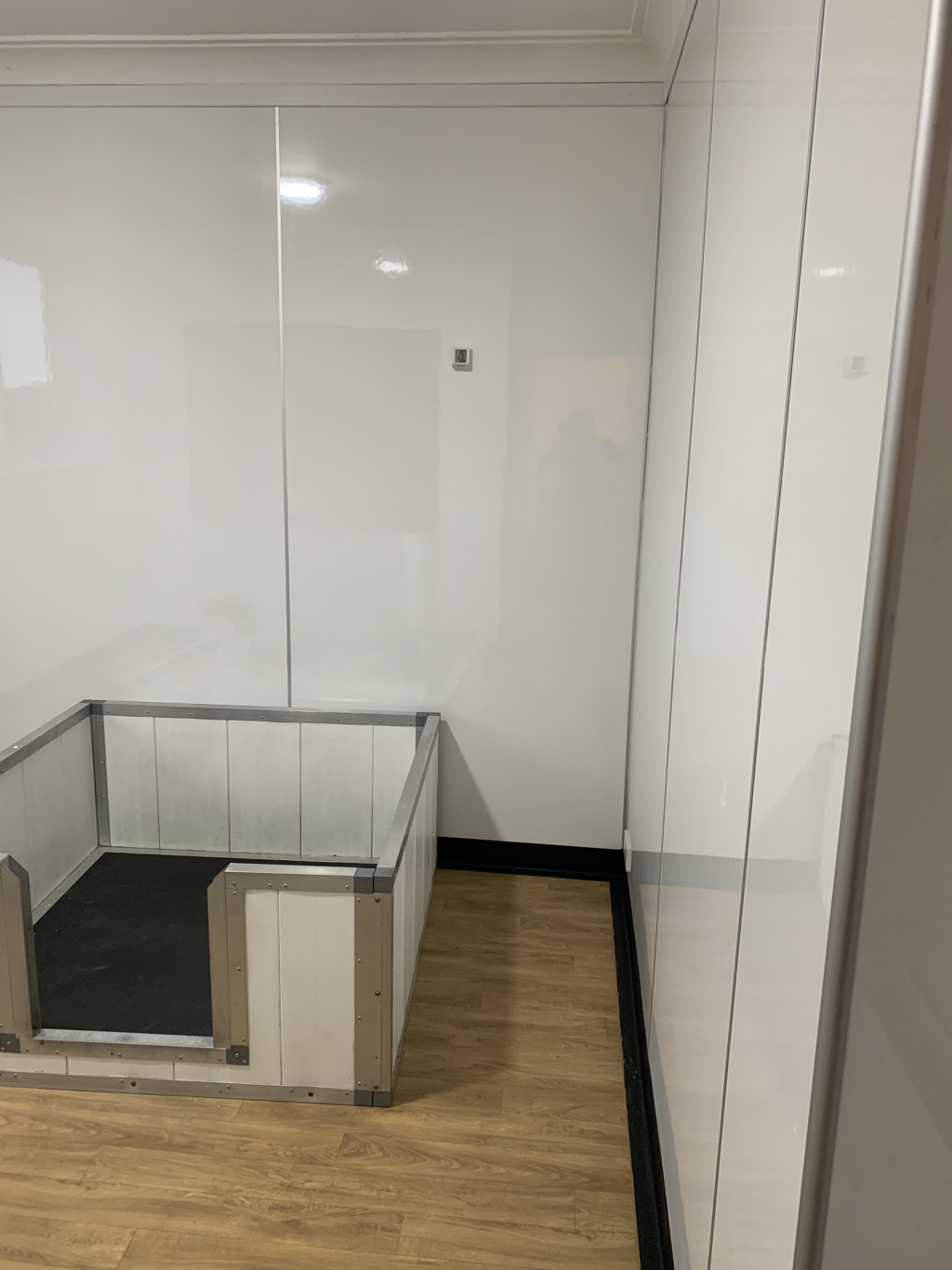 Empty room with white walls, wooden floor, and a small wooden enclosure or pet bed in the corner.