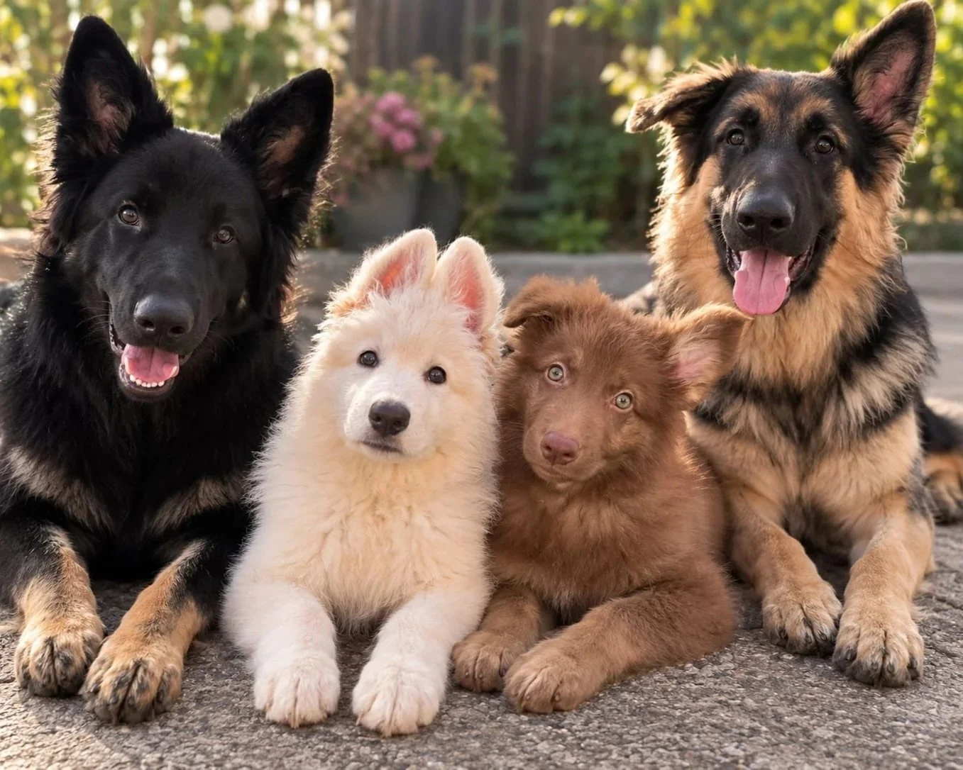 Four German Shepherds lying on the ground outdoors in a garden, with an adult dog on either side and two puppies between them, all looking into the camera.