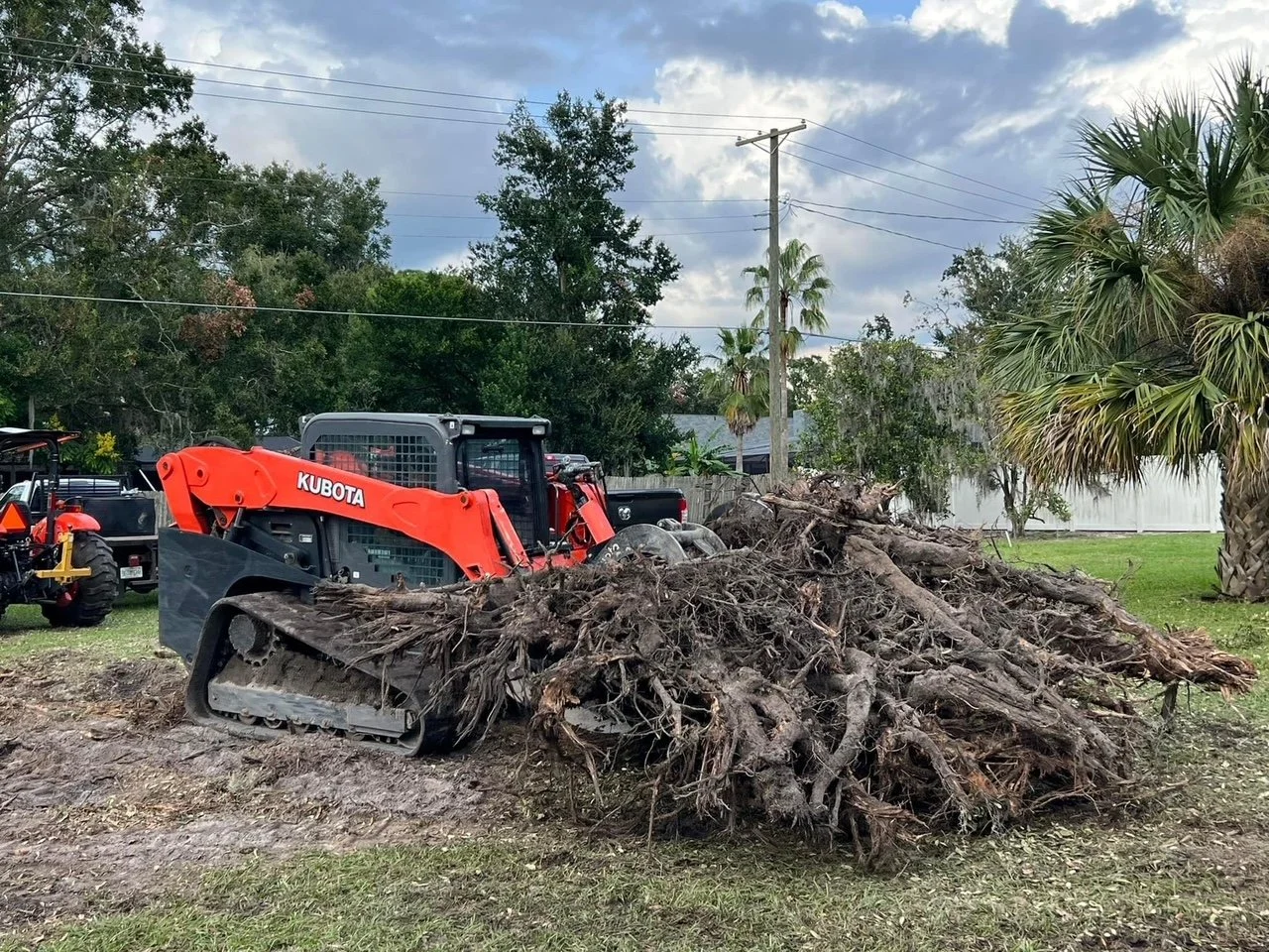 A Kubota compact track loader with a large pile of uprooted tree roots and dirt in an outdoor area, with trees, power lines, and cloudy sky in the background.