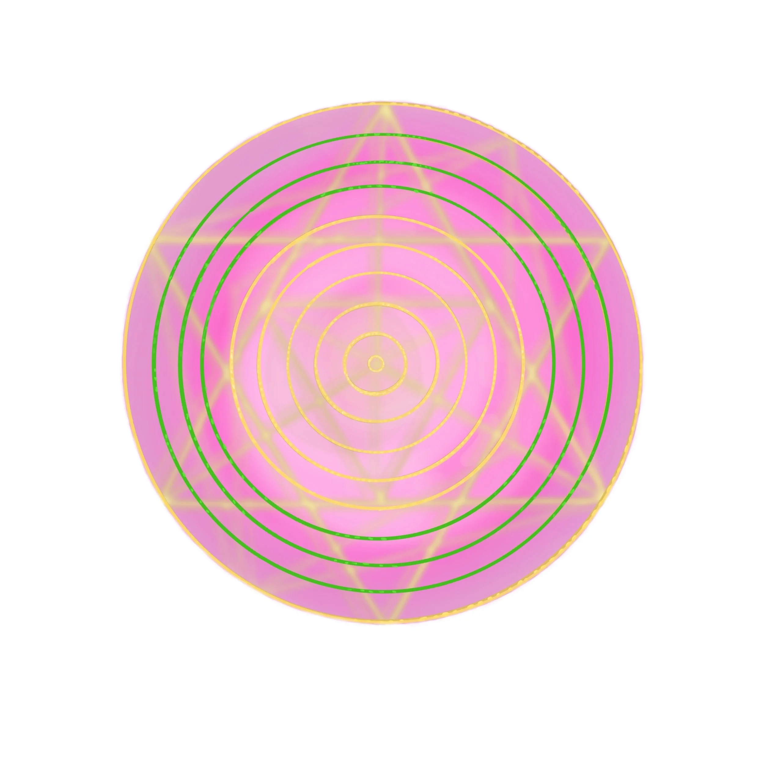 Partial view of a colorful geometric design featuring concentric circles and interconnected lines in yellow and green on a pink and purple background.