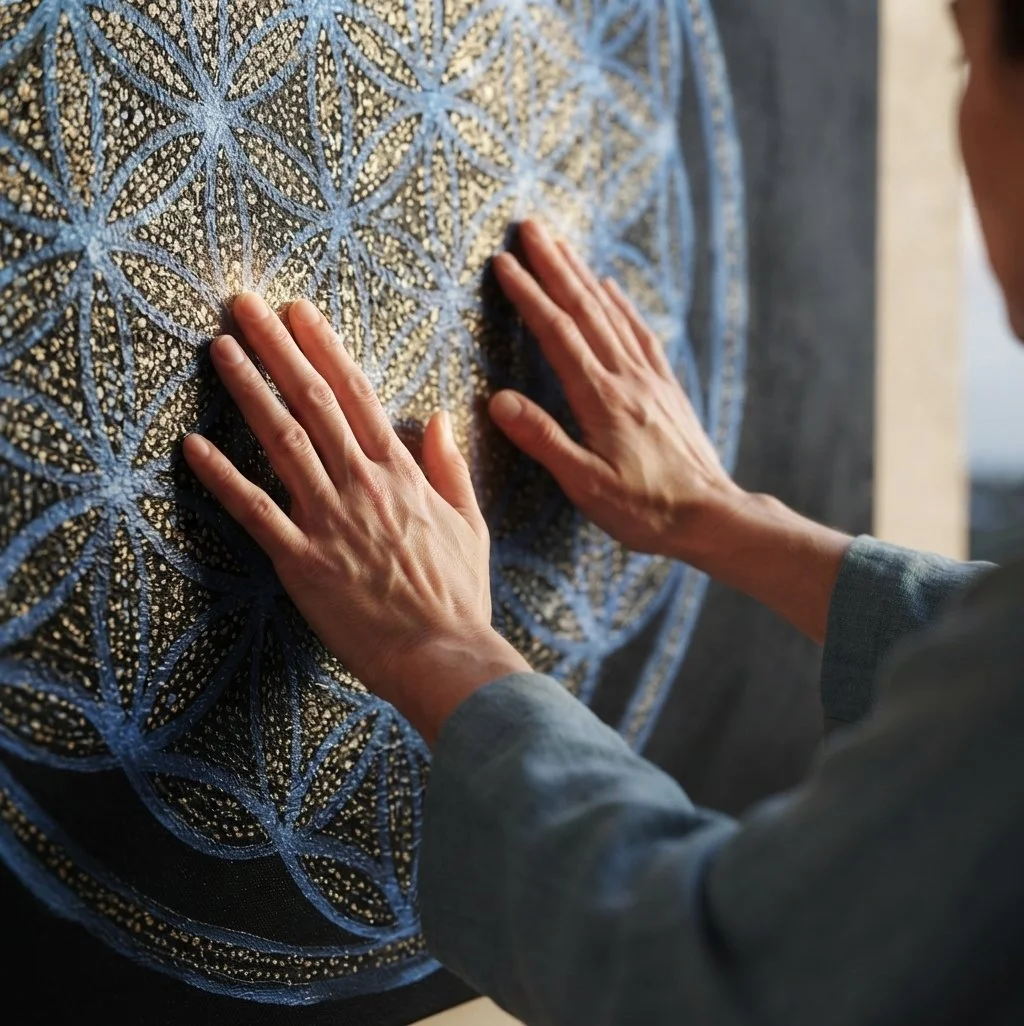 An artist creates a dot painting on a large circular canvas, using small dots of blue, white, and gold paint to form geometric patterns.