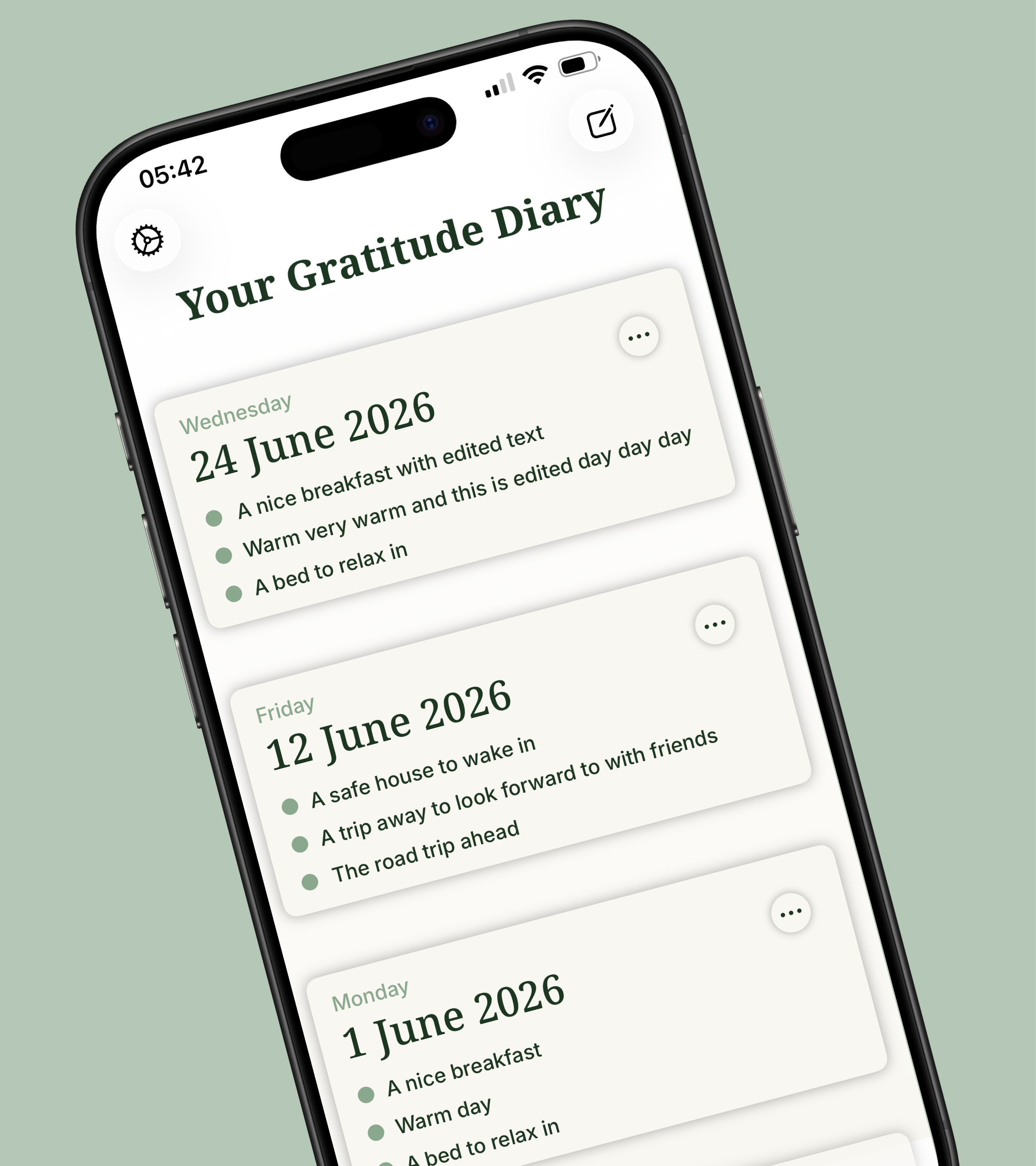 Close-up of a smartphone screen displaying a digital gratitude diary app with entries for June 24, June 12, and June 11, 2026, on a light pastel green background.