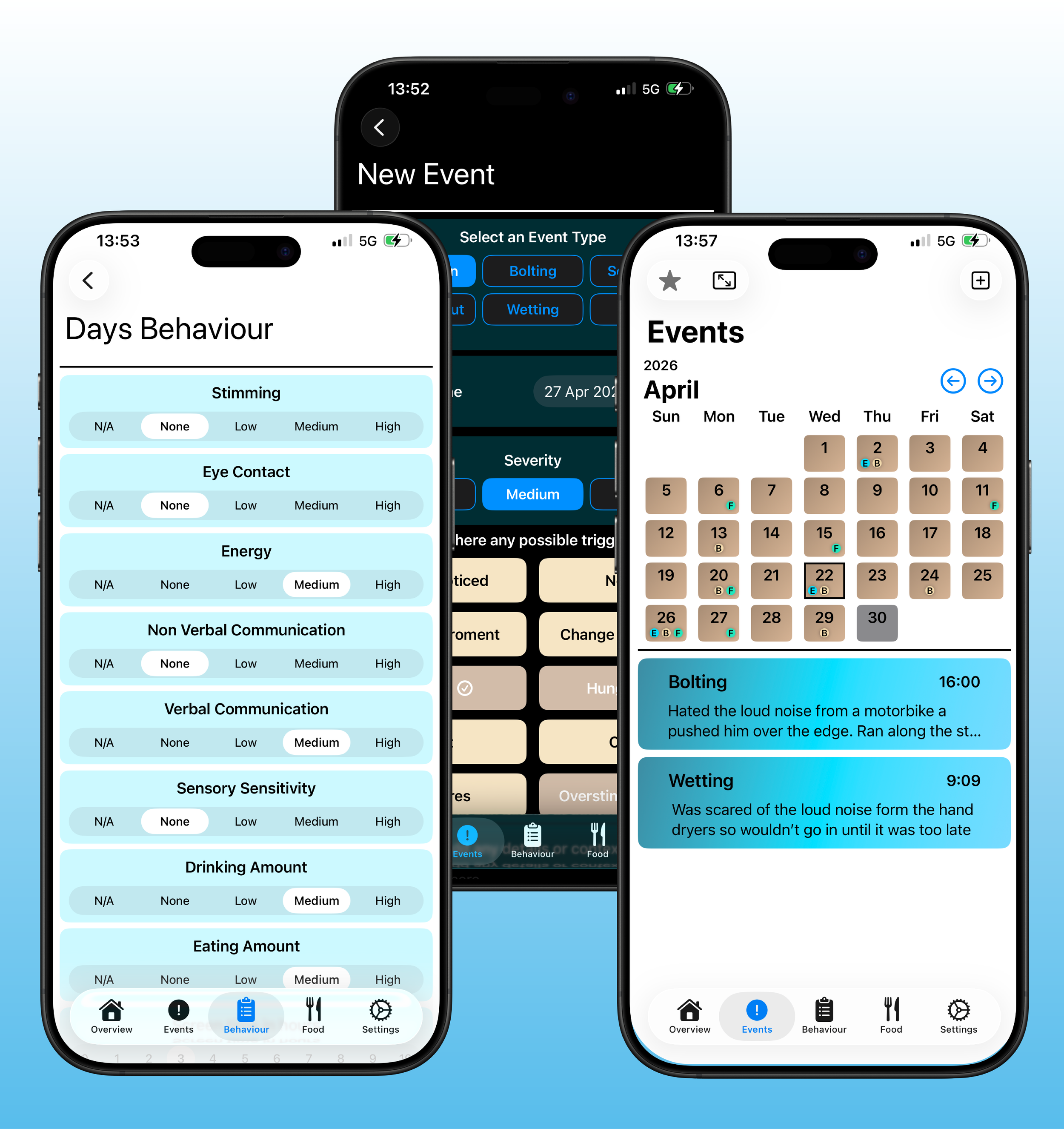 Screenshots of a mobile app interface displaying various sections related to managing a dog or pet's behavior and activities. Tabs include 'Days Behaviour,' 'Events,' 'Behaviour,' 'Food,' and 'Settings,' with detailed subsections on stimulation, eye contact, non-verbal communication, sensory sensitivity, and eating amount. The interface shows dates, event types, severity levels, and specific pet behavior notes.