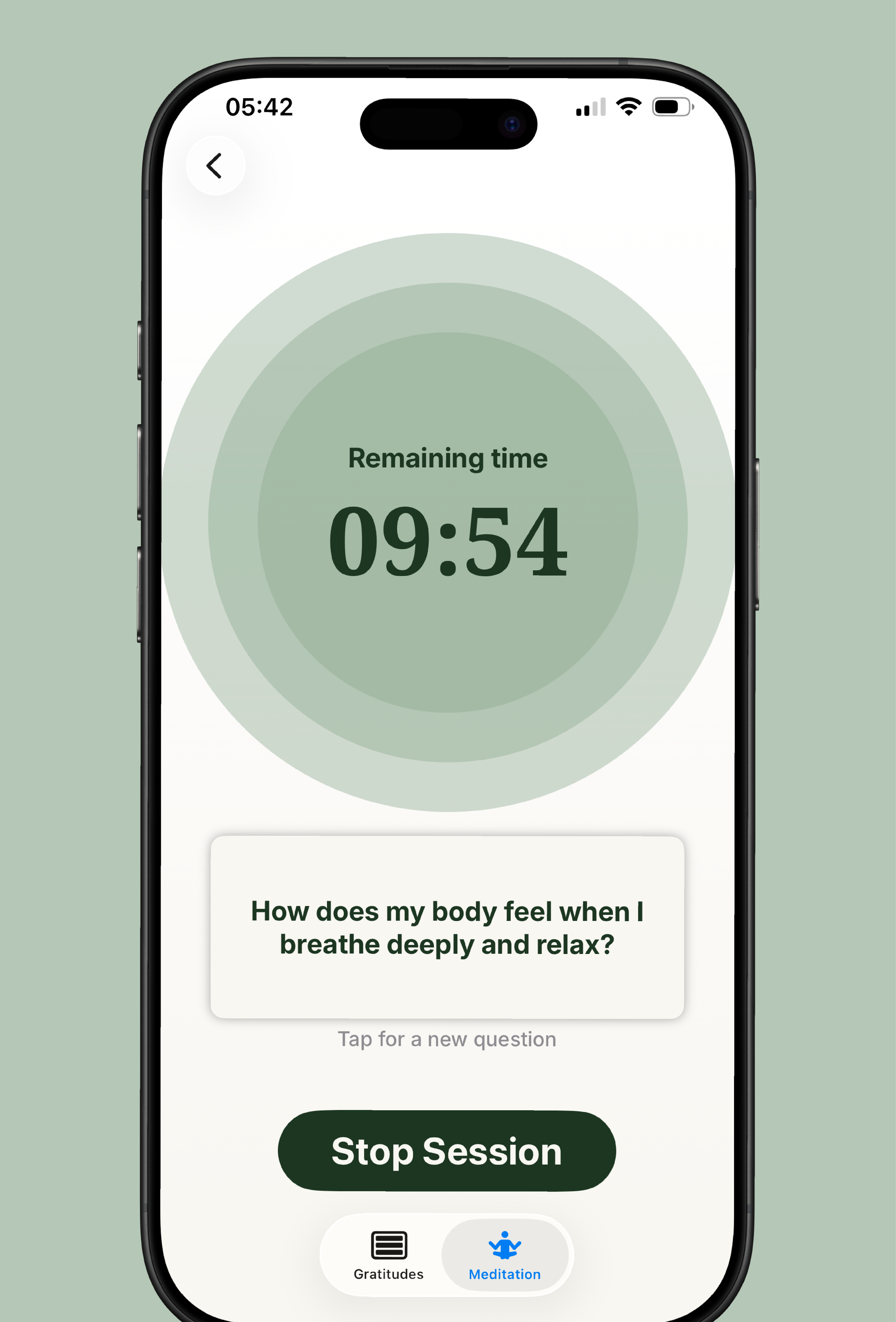 A smartphone screen showing a timer with remaining time of 9 minutes and 54 seconds, a question about breathing and relaxation, and a 'Stop Session' button with meditation and gratitudes icons at the bottom.