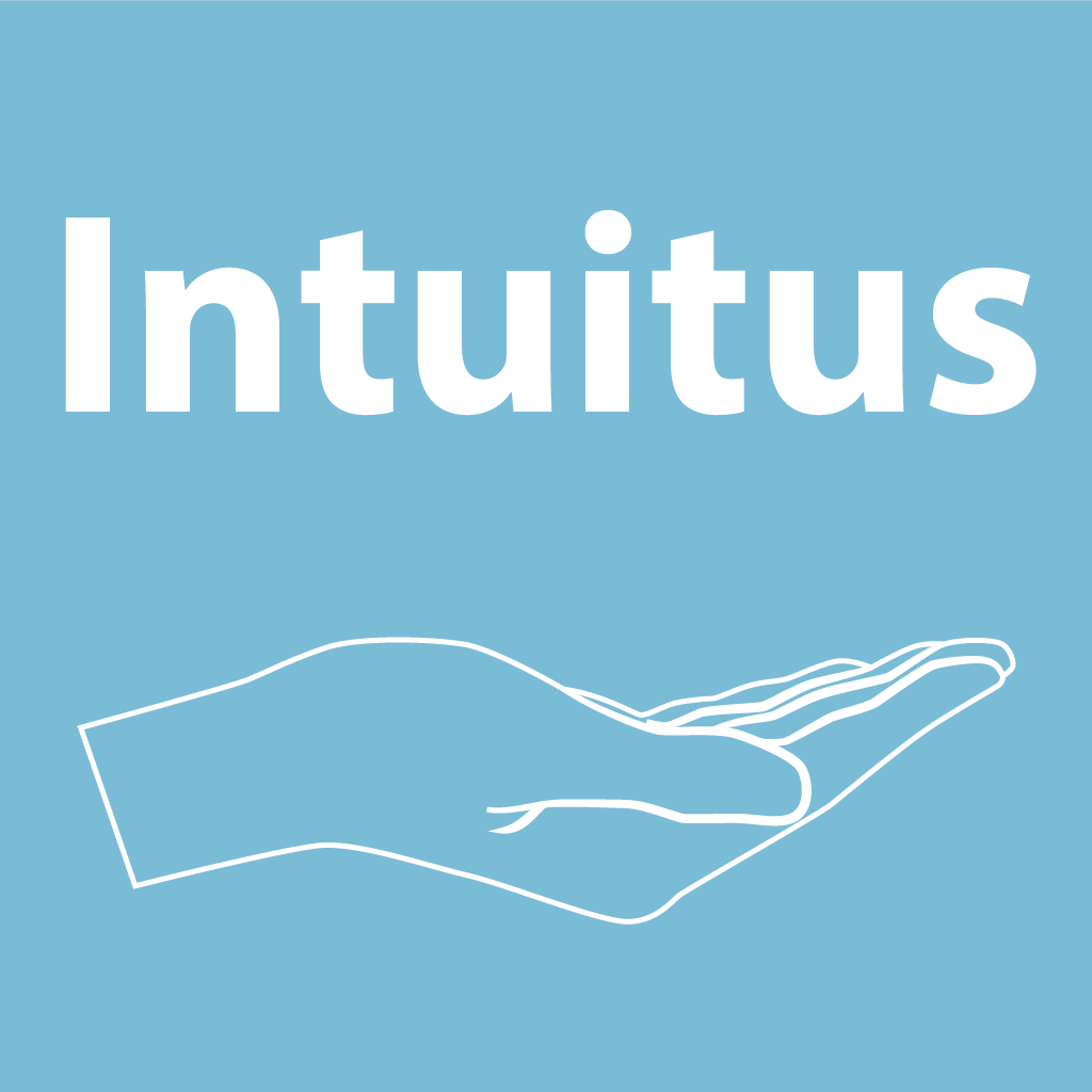 The word 'Intuitus' in white text on a light blue background, with an outline drawing of a hand below it.