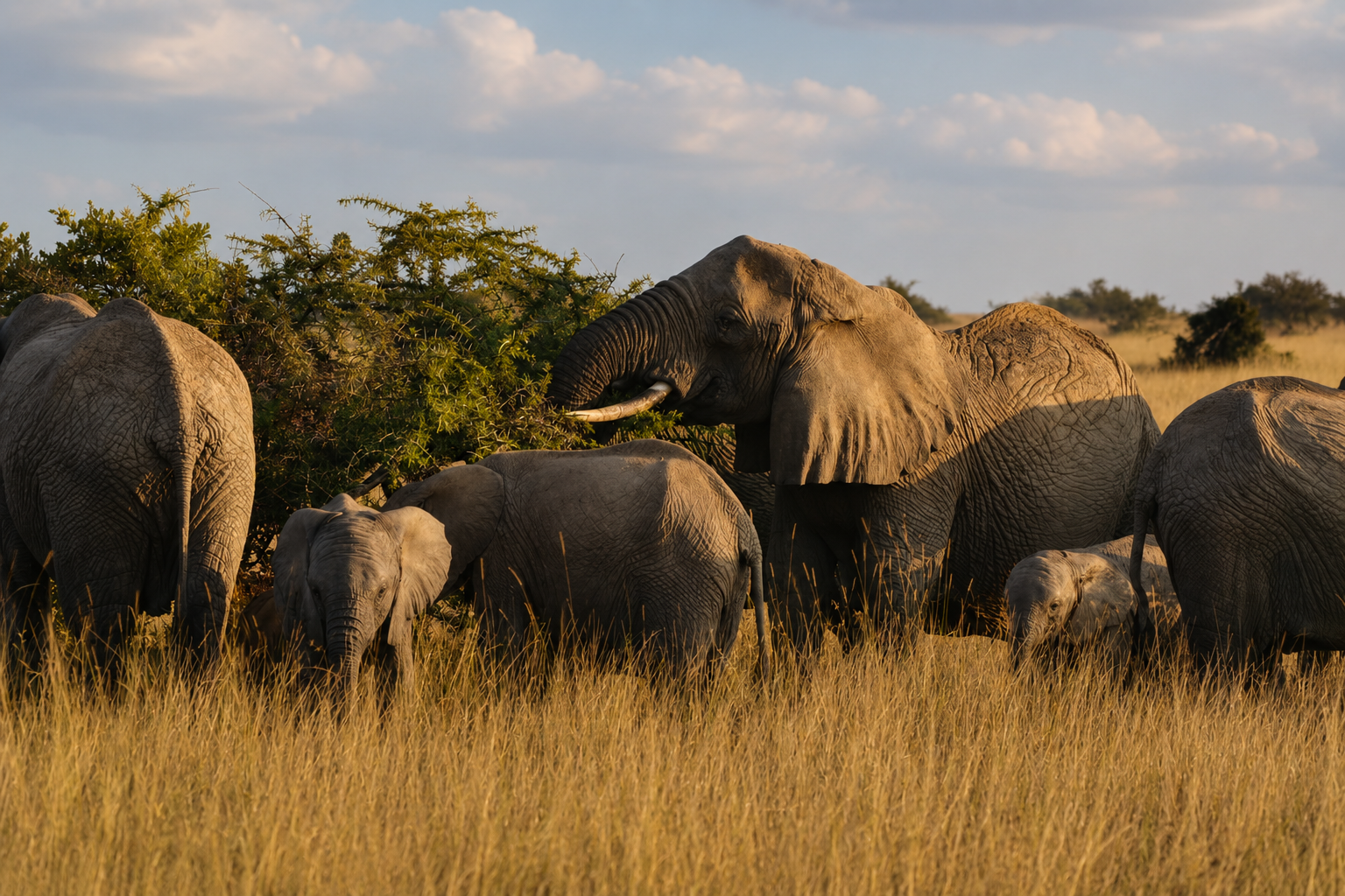A herd of elephants, including a large adult with tusks, grazing on grass and bushes in the savannah during late afternoon or early evening.