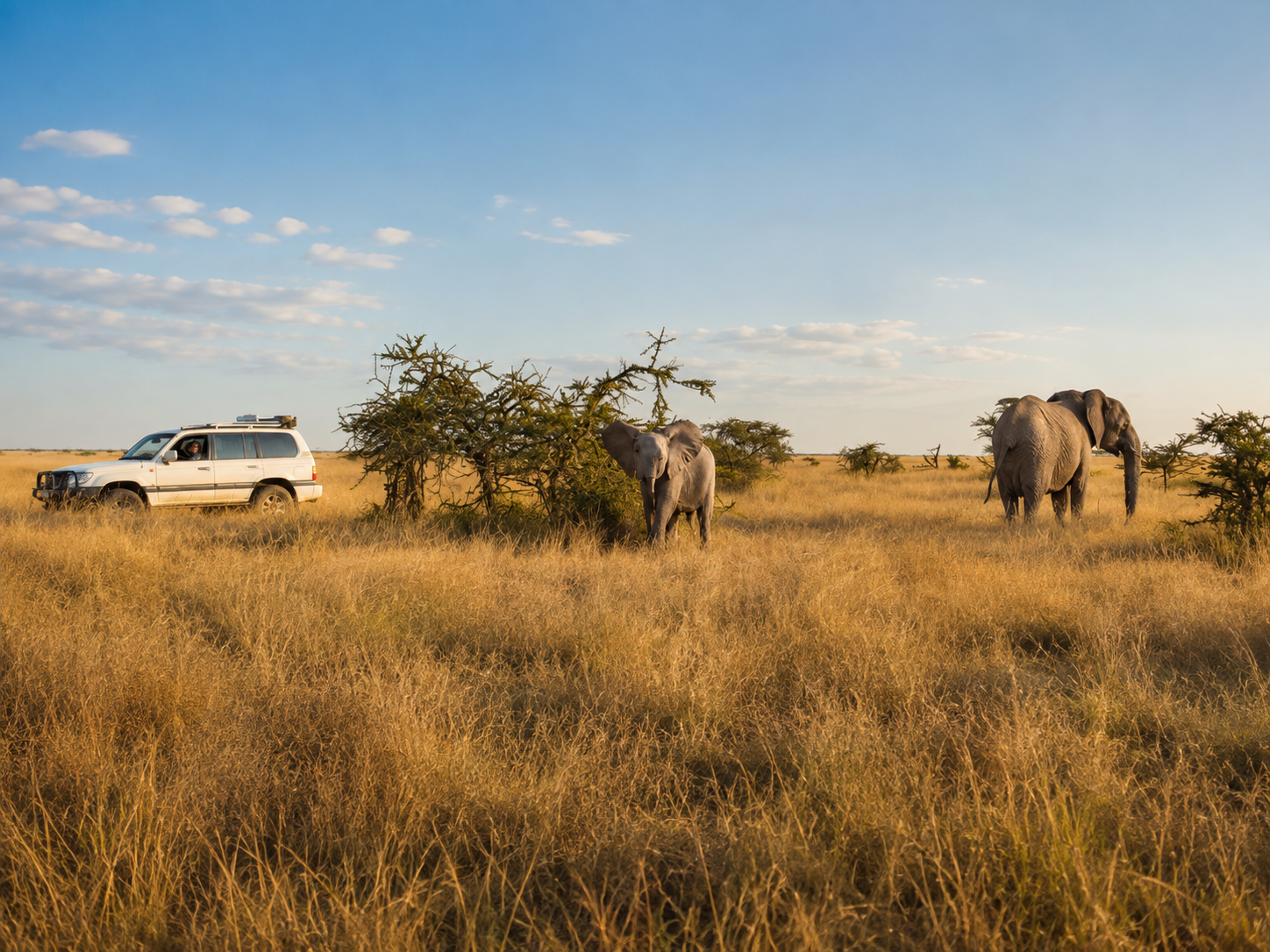 A safari scene with a vehicle and two elephants in a grassy plain with scattered bushes and a blue sky with clouds.