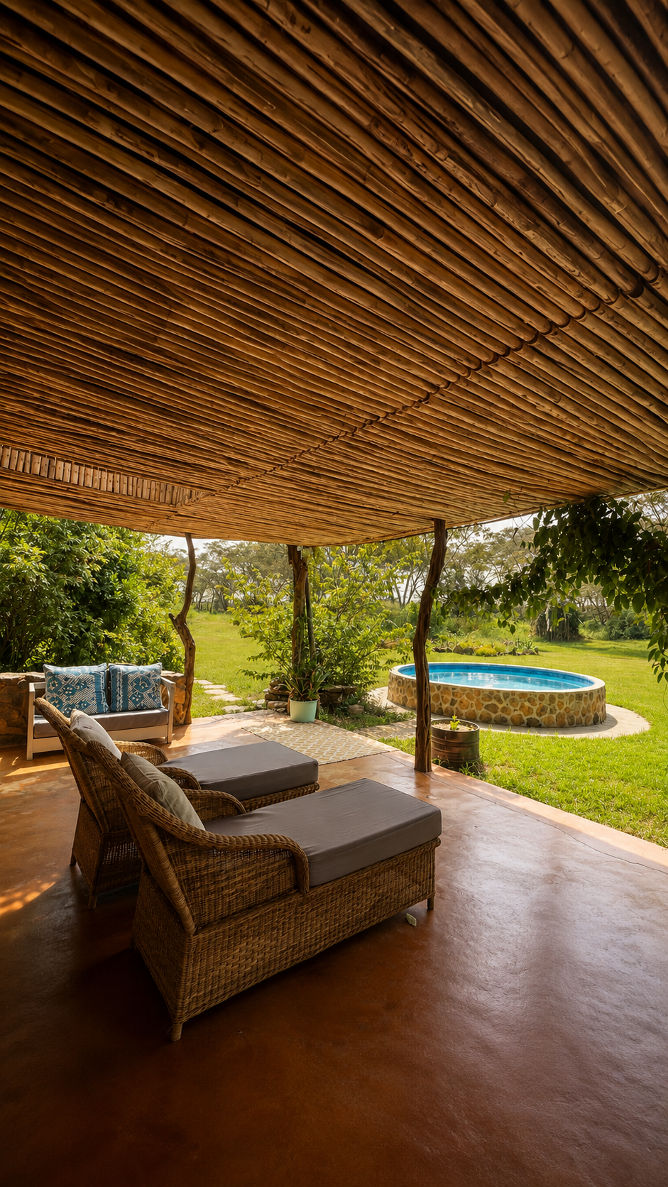 Outdoor patio with wicker furniture, a small pool with stone border, and surrounding greenery under a wooden roof.