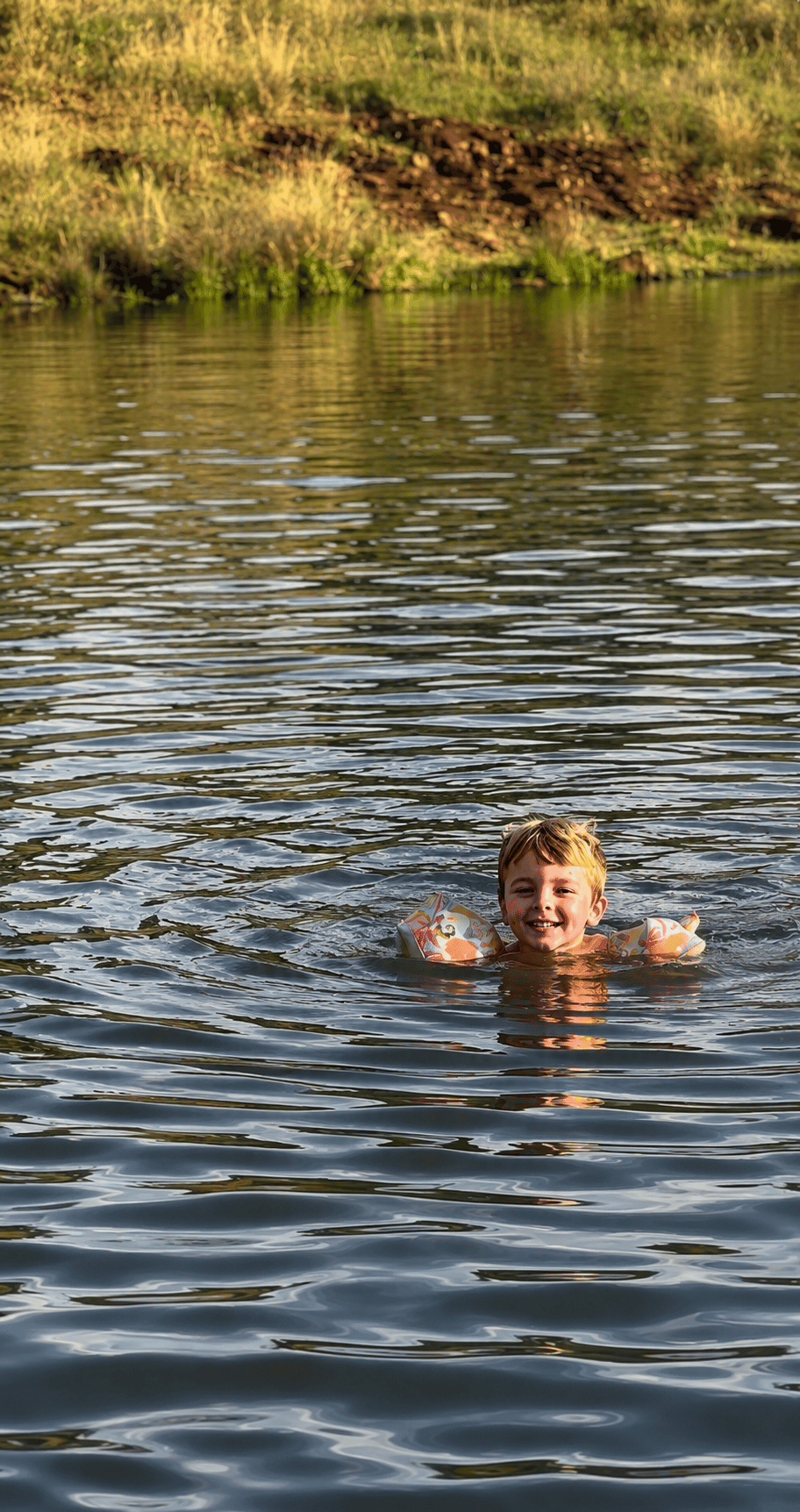 Young boy swimming in a lake with a smile, wearing floatation device on shoulders, surrounded by calm water and with grassy shoreline in the background.