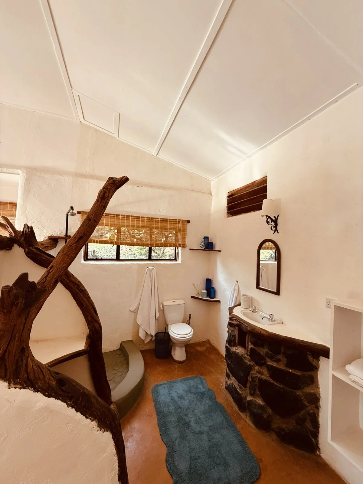 A rustic bathroom with a tree branch sculpture, window with bamboo shades, toilet, small sink with stone counter, mirror, wall-mounted light, and wooden accents.