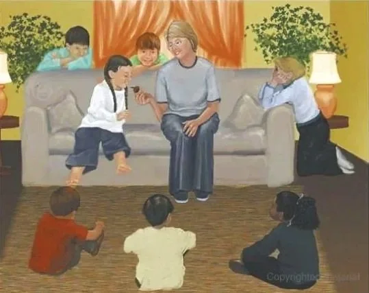 Story Illustration — Family and friends scene
Full-page illustration developed to support narrative and emotional connection.