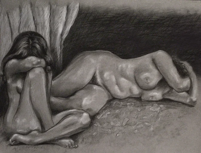 Two-figure body type study. Charcoal on paper.