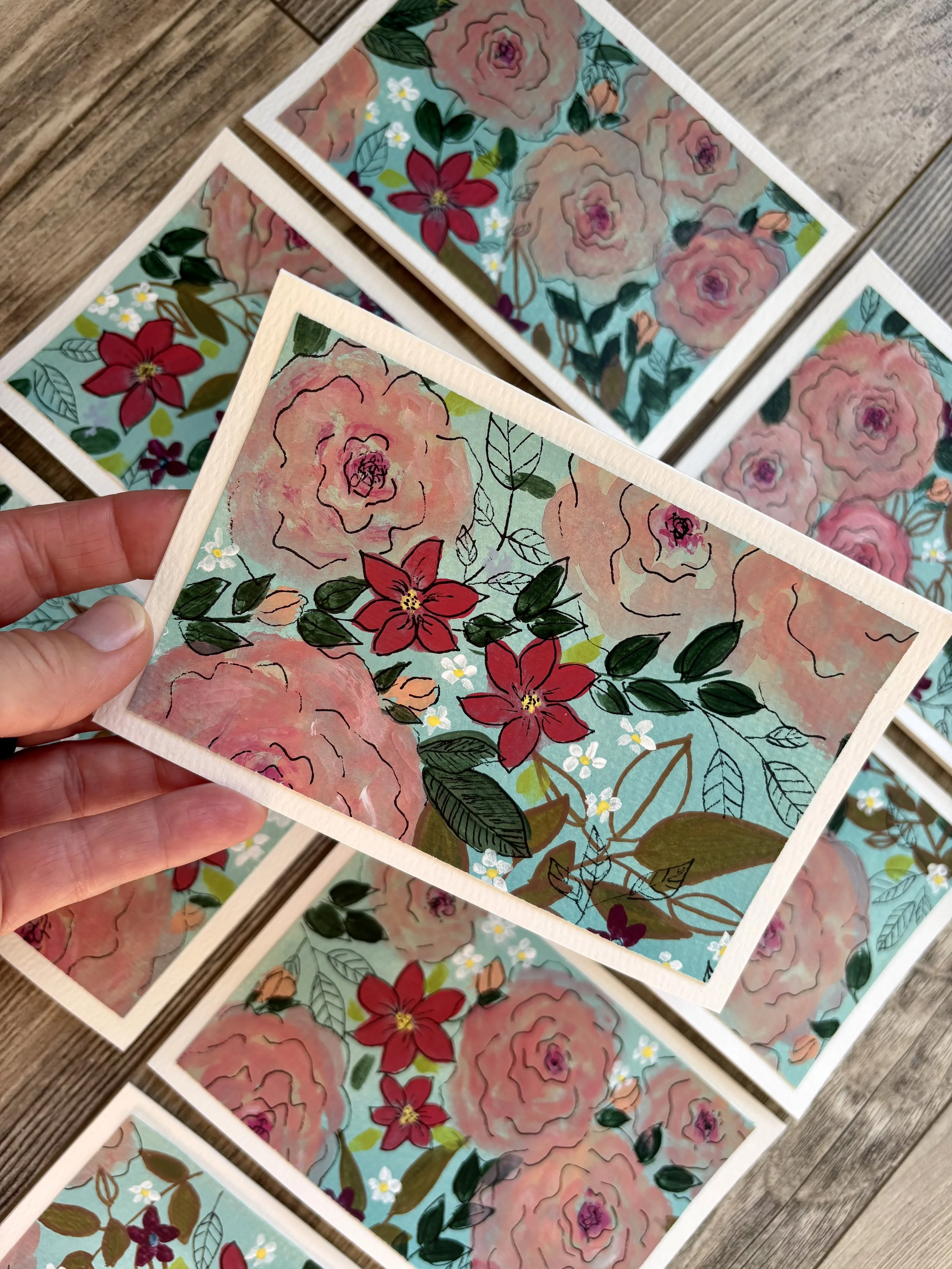 Garden Party- Hand-painted Acrylic Notecards- NOT PRINTS!
