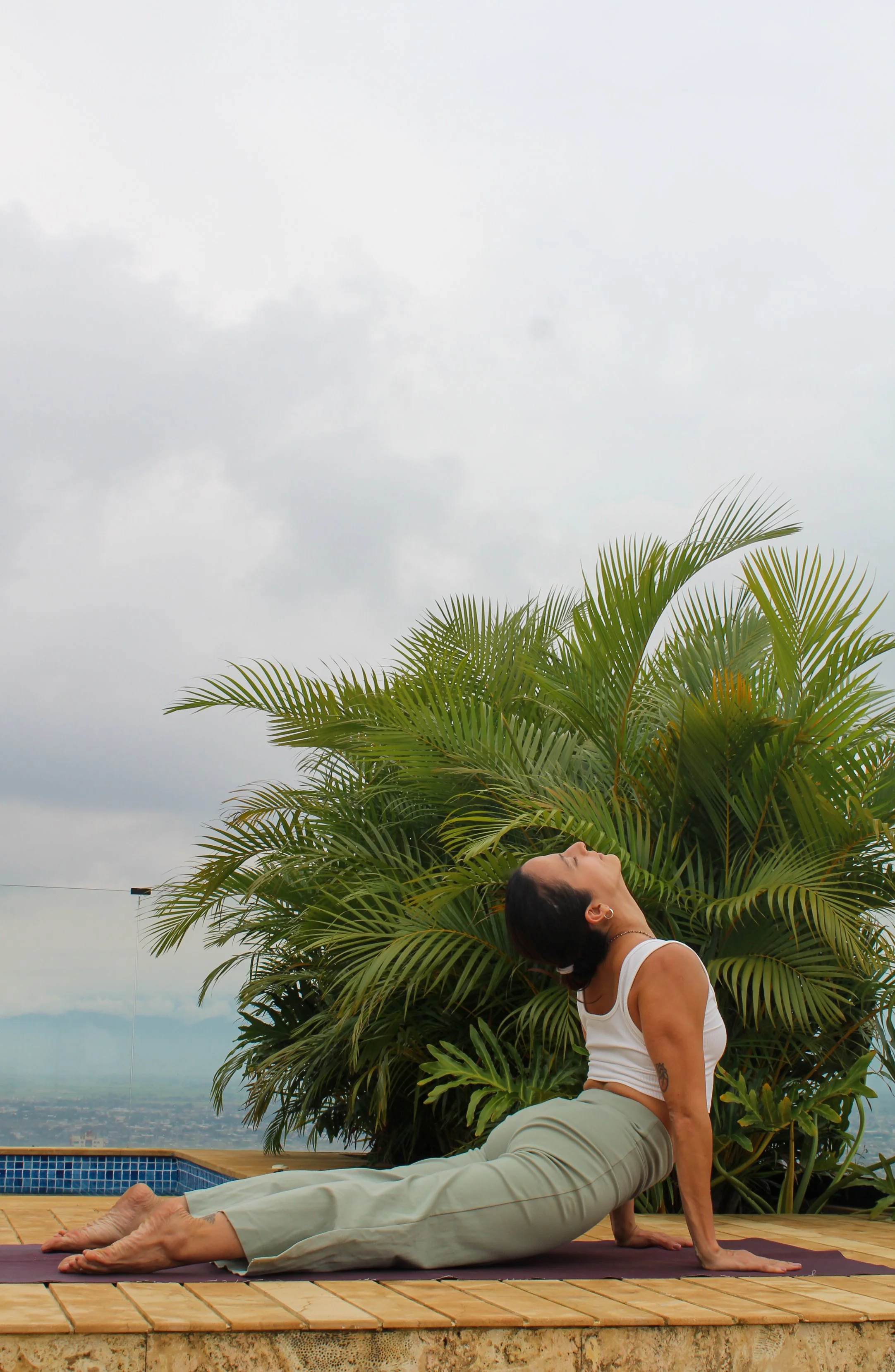 A woman practicing yoga outdoors on a mat, near plants and a pool, on a cloudy day.