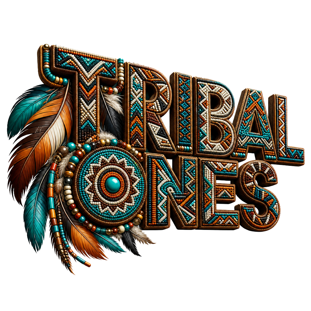 Decorative text reading 'TRIBAL ONES' with tribal beads, feathers, and patterns, featuring a colorful, intricate design.