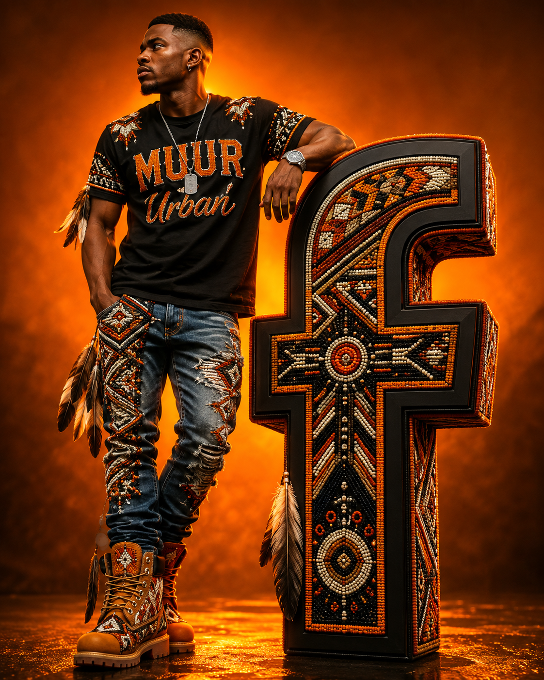 A young man in tribal-inspired clothing and accessories, with a black T-shirt that says 'MUUR Urban', models a Indigenous style with feathers, beaded boots, and jeans with beadwork, standing next to a large, decorated cross with tribal patterns, set against an orange background.