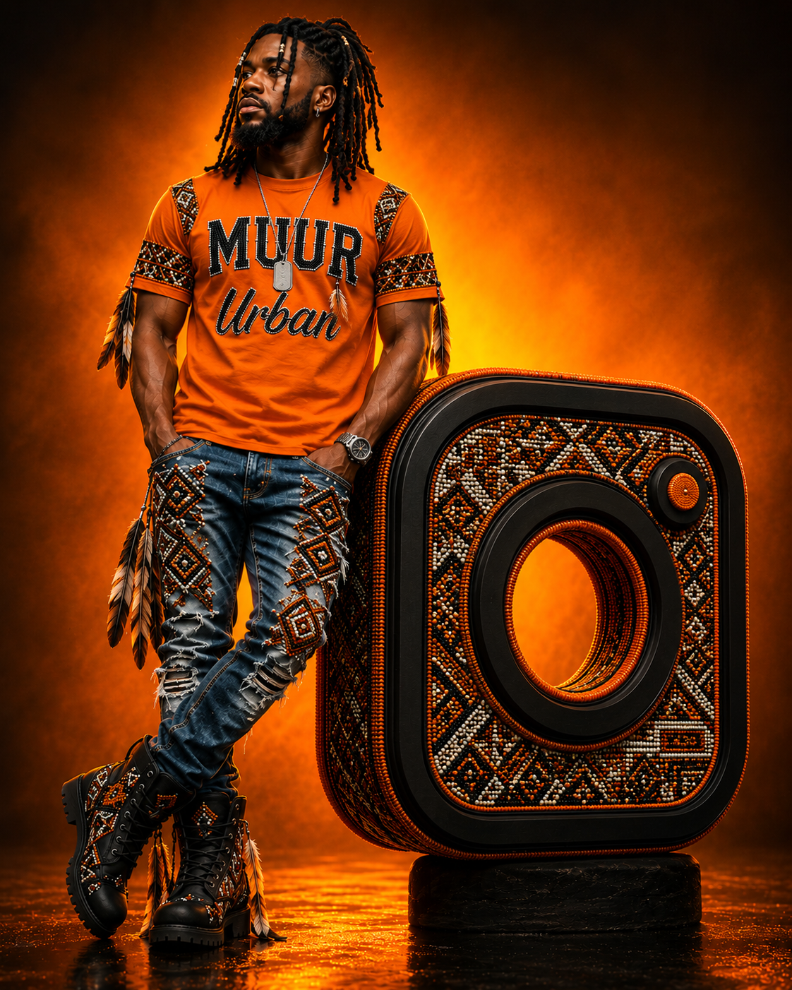 A man with dreadlocks and a beard standing next to a large, decorated speaker, wearing an orange T-shirt with 'MUUR Urban' written on it, ripped jeans with beaded patterns, and black boots with colorful beads and feathers, against an orange background.
