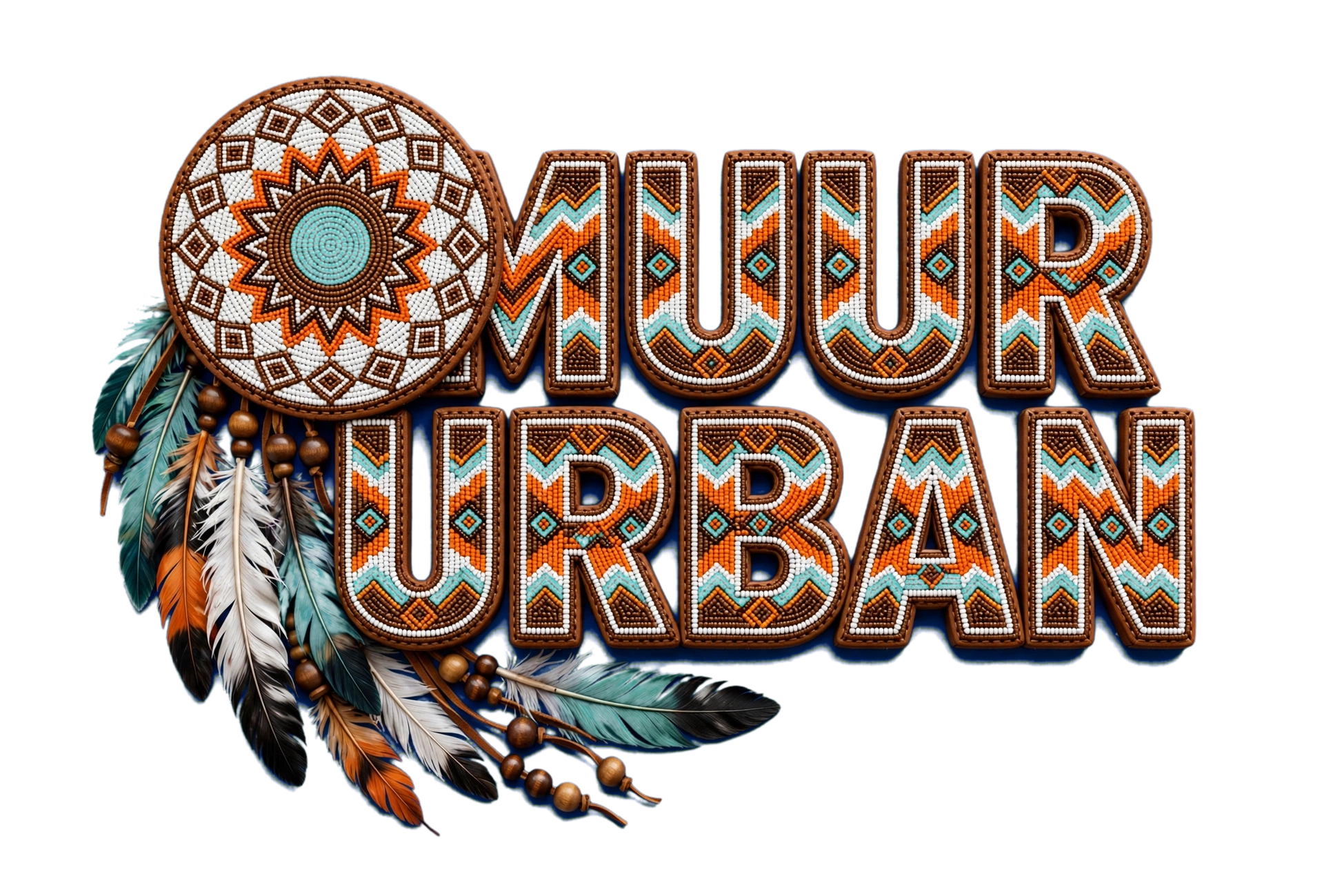 Decorative sign reading 'Muur Urban' with a beaded and tribal design, feathers, and beads against a blue background.
