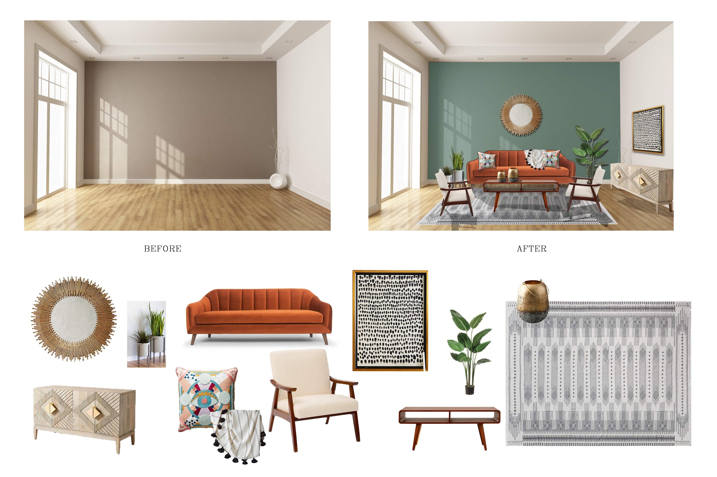 Comparison of an empty room and a furnished living room with a teal accent wall, orange sofa, decorative wall mirror, framed artwork, side table, potted plant, and patterned rug.