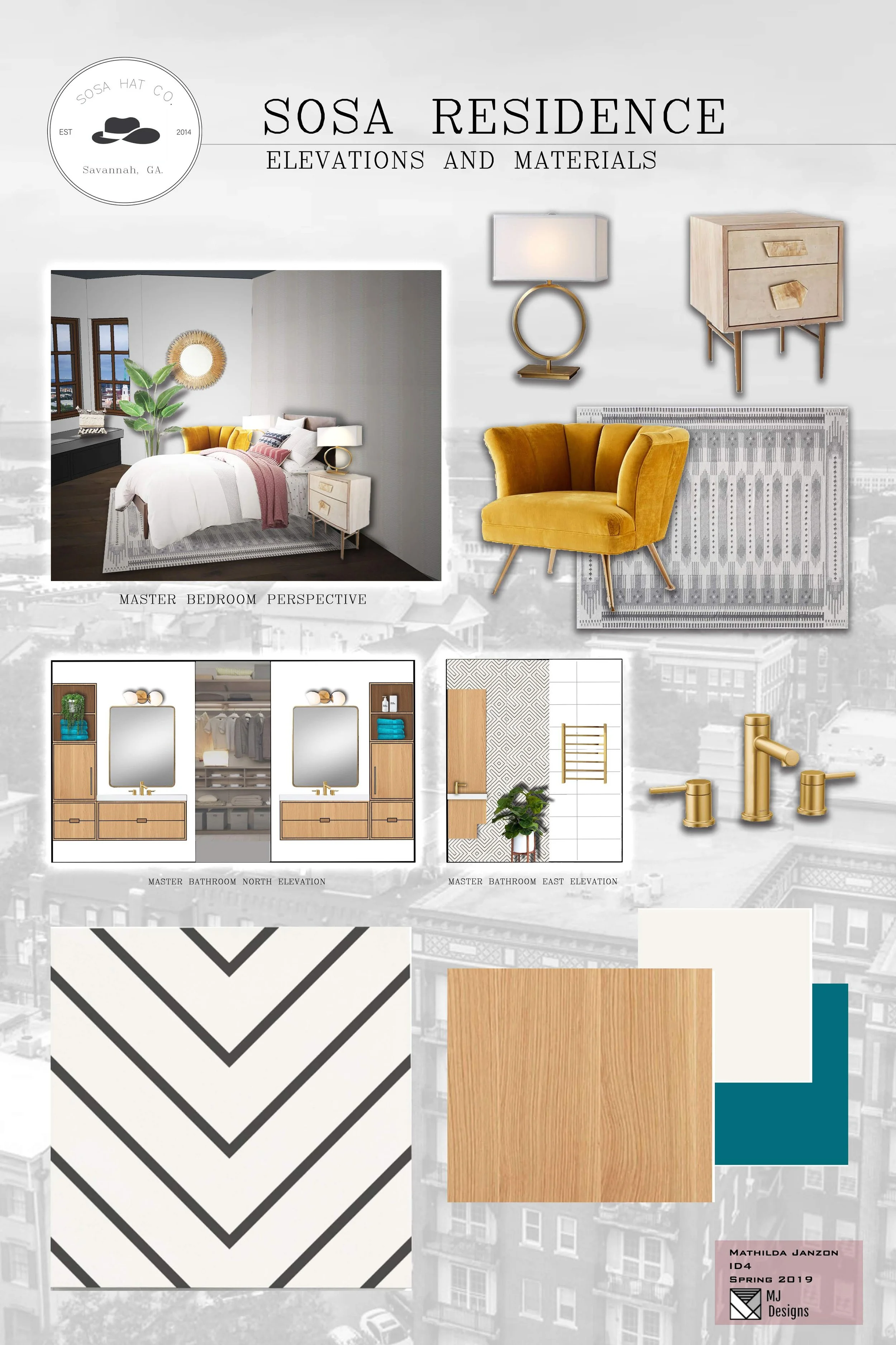 Design board for Sosa Residence, including a master bedroom perspective, a master bathroom north and east elevation, furniture and material samples, and the designer's name, Mathilda Janzon, with project details.