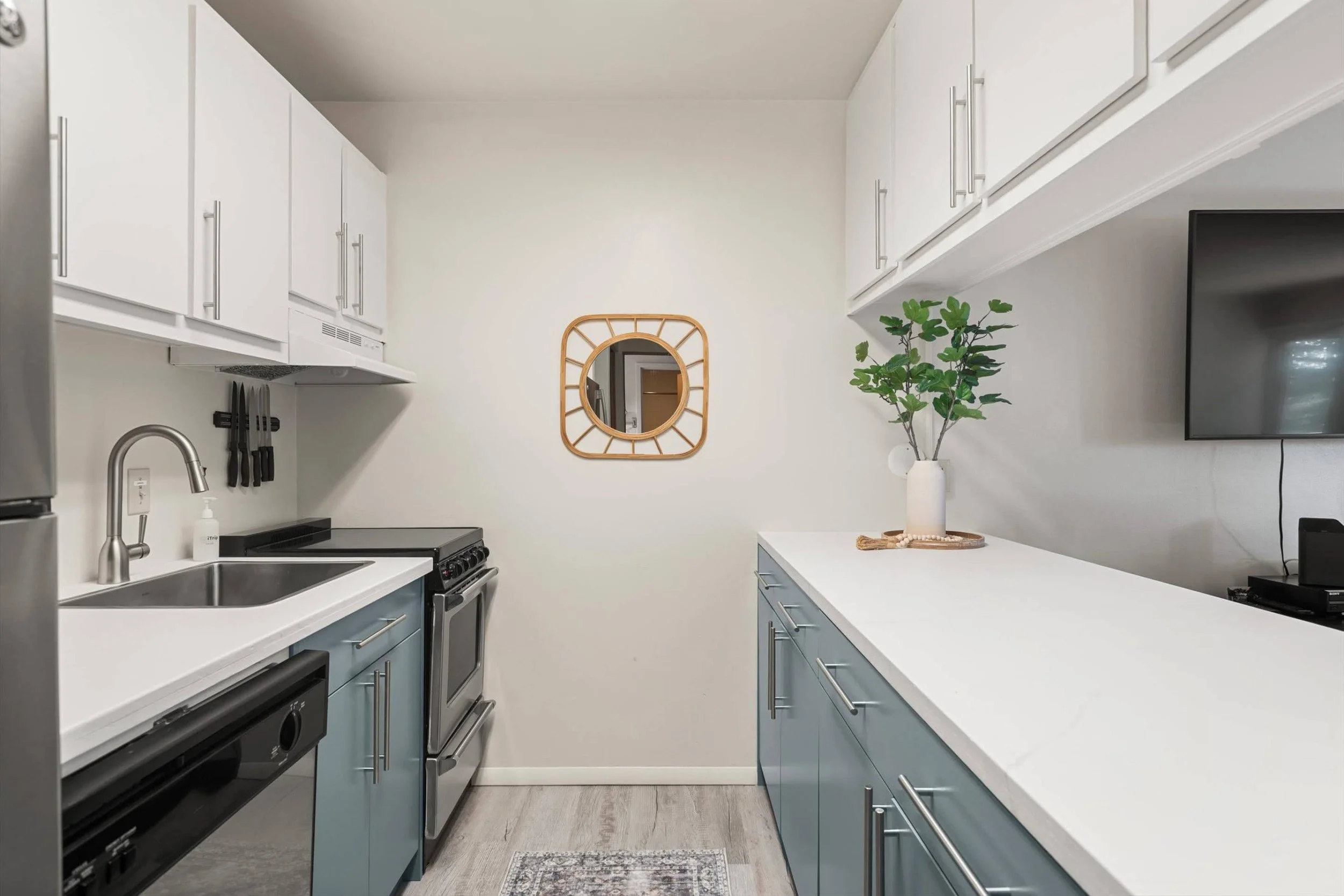 A modern kitchen with white and blue cabinets, stainless steel appliances, a white countertop, a decorative mirror on the wall, a potted plant, and a kitchen sink with a faucet.