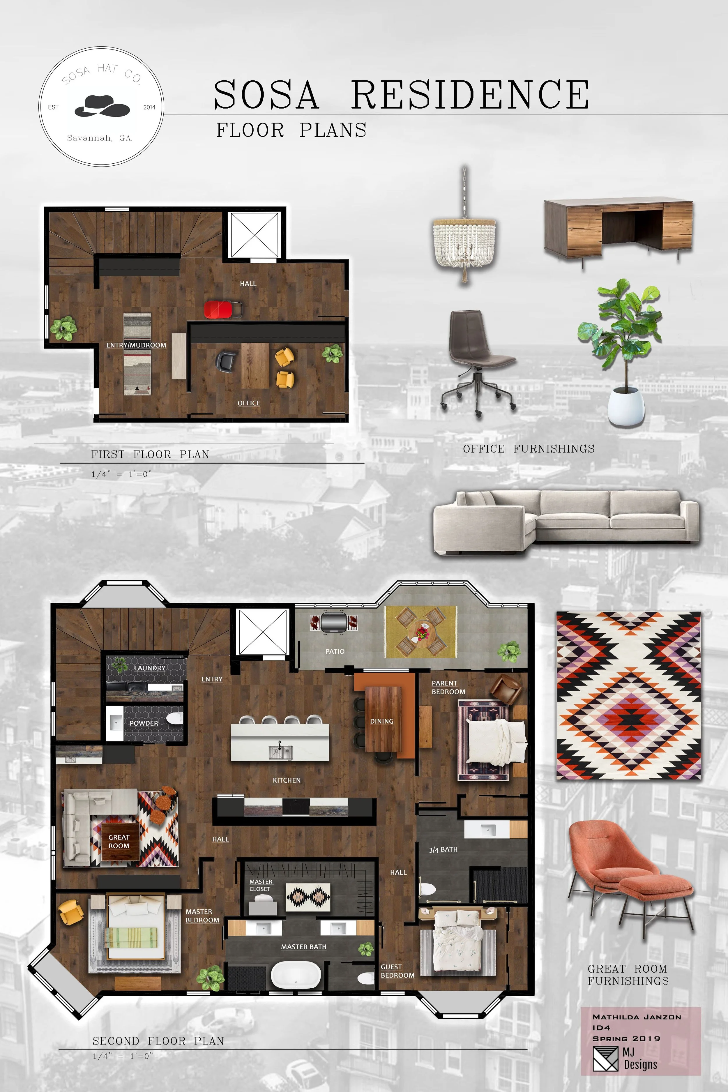 Floor plan of a house including a first floor and second floor, with labels for rooms like kitchen, great room, master bedroom, guest bedroom, office, and various furniture pieces such as desks, chairs, sofas, and beds. Also includes decorative elements like rugs, plants, and artwork.