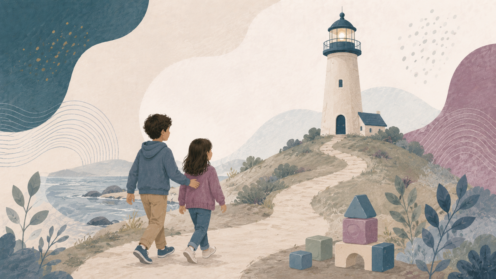 An illustration of two children, a boy and a girl holding hands, walking along a path towards a lighthouse on a hill by the coast. The scene includes shrubs, abstract shapes, and blocks in the foreground with a scenic background of water, waves, and hills.