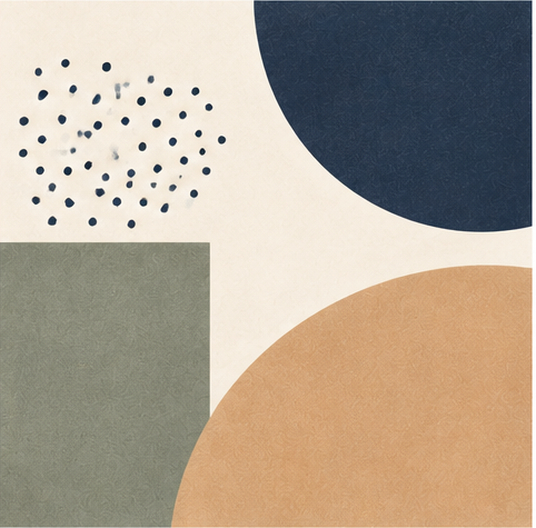Abstract geometric artwork featuring large circles and a square in neutral and muted tones.