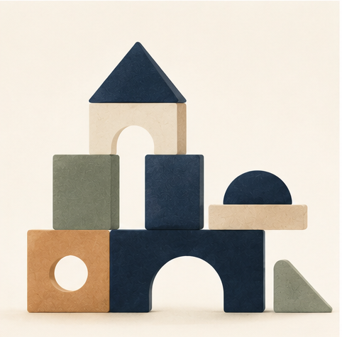 Stacked children's building blocks in various shapes and colors, arranged in a balanced formation.