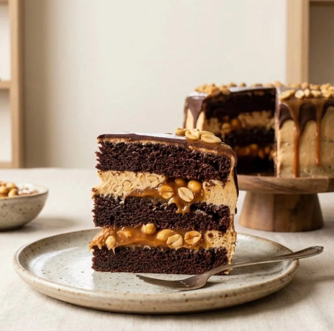 A slice of chocolate cake with peanut butter filling and topping, served on a ceramic plate with a fork, with the rest of the cake on a stand in the background.
