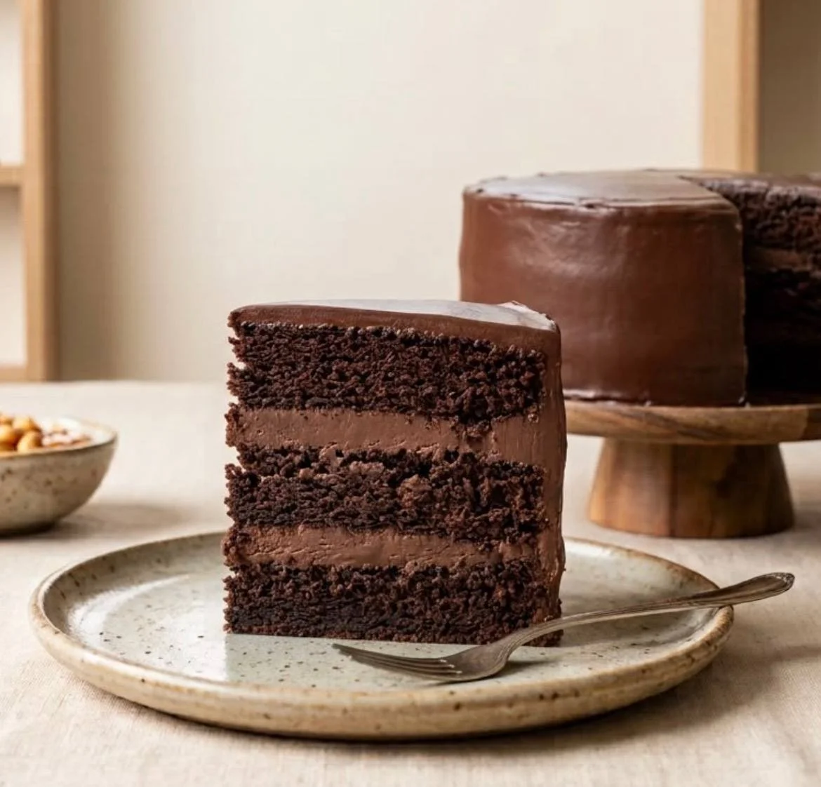 A slice of chocolate cake on a beige plate with a fork, with a whole chocolate cake in the background.
