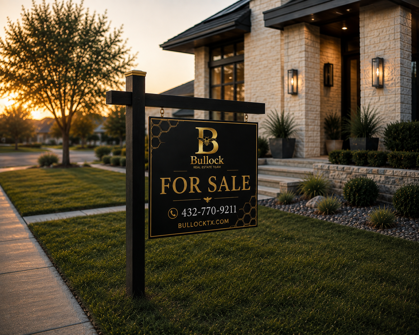 A real estate 'For Sale' sign outside a modern house at sunset with green lawn, potted plants, and steps leading to the front door.