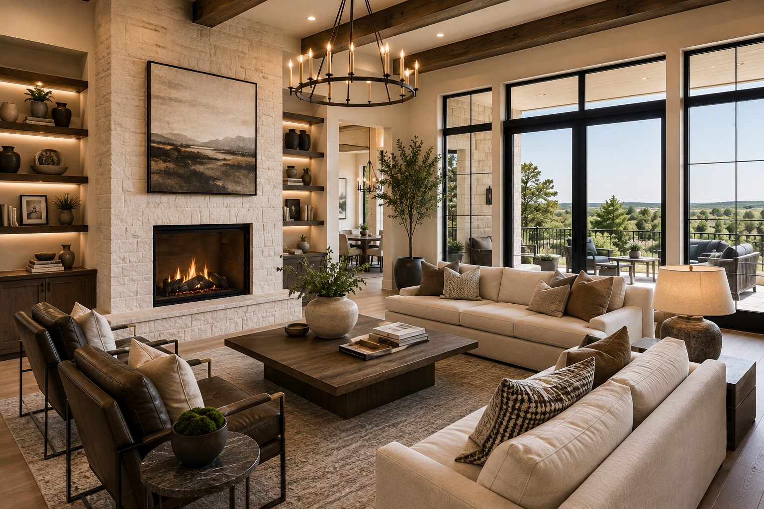 Living room with beige and brown furniture, a stone fireplace with a fire, large windows with a view of trees and outdoor patio, decorative plants, and wooden ceiling beams.