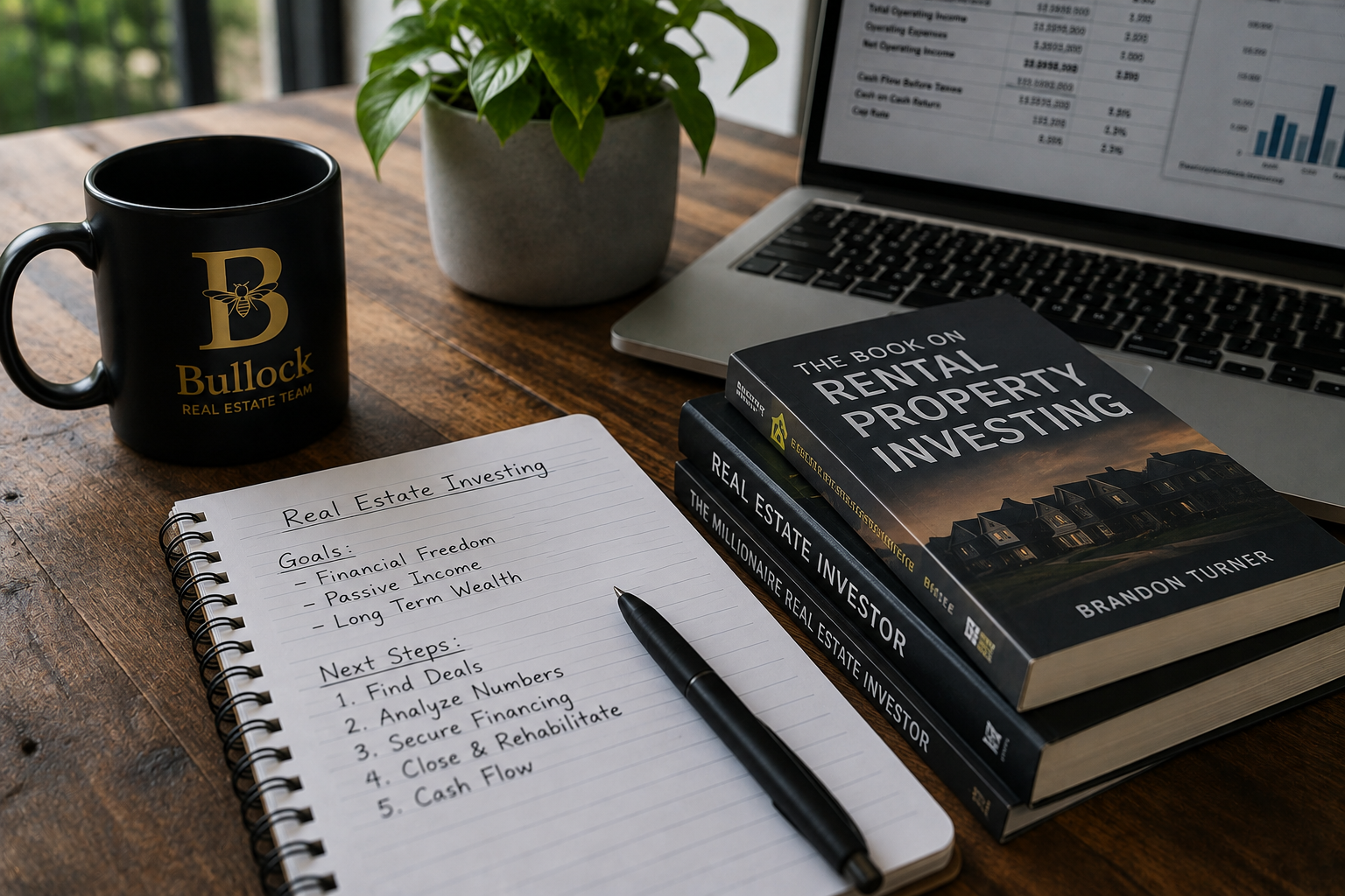 A wooden desk with a black mug that says 'Bullock Real Estate Team,' a potted plant, an open laptop displaying financial data, a stack of books about real estate investing, a notepad with handwritten notes on real estate investing goals and next steps, and a black pen.
