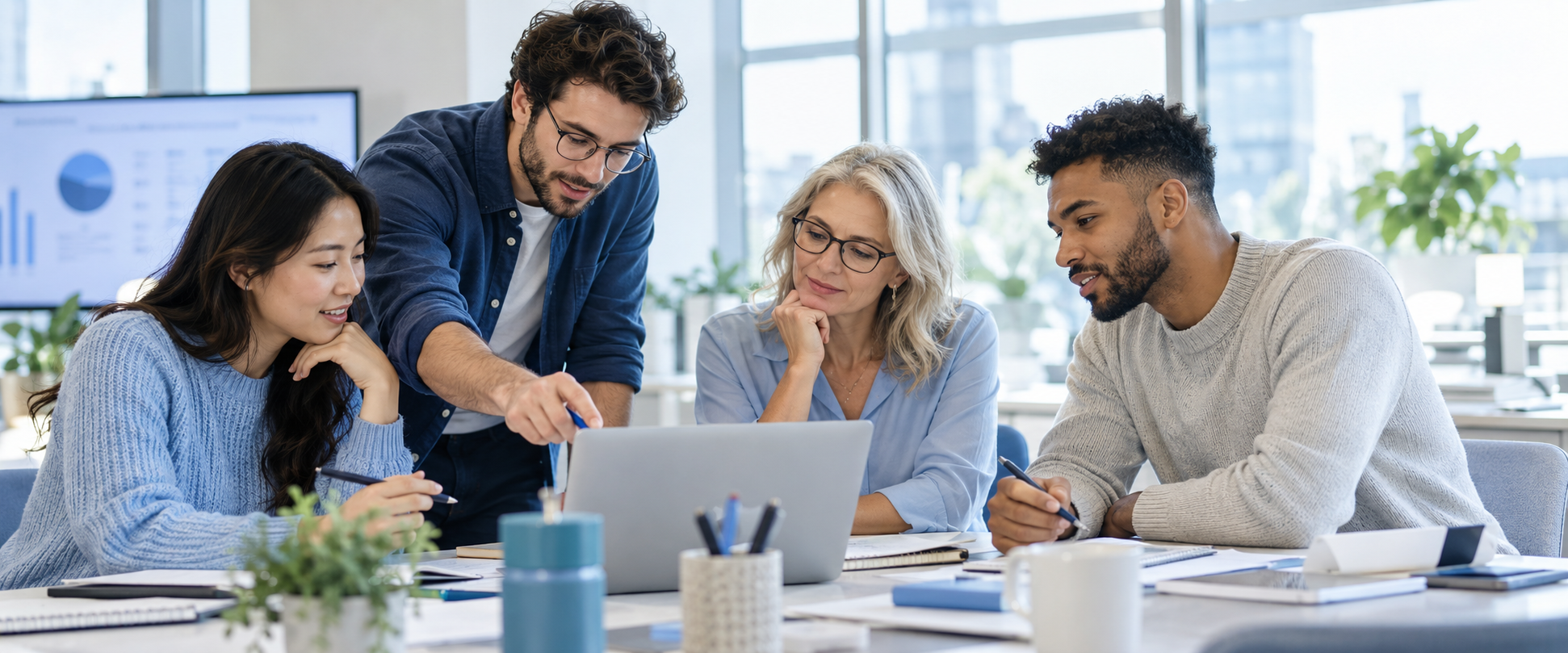Vier Kolleginnen und Kollegen arbeiten gemeinsam am Laptop