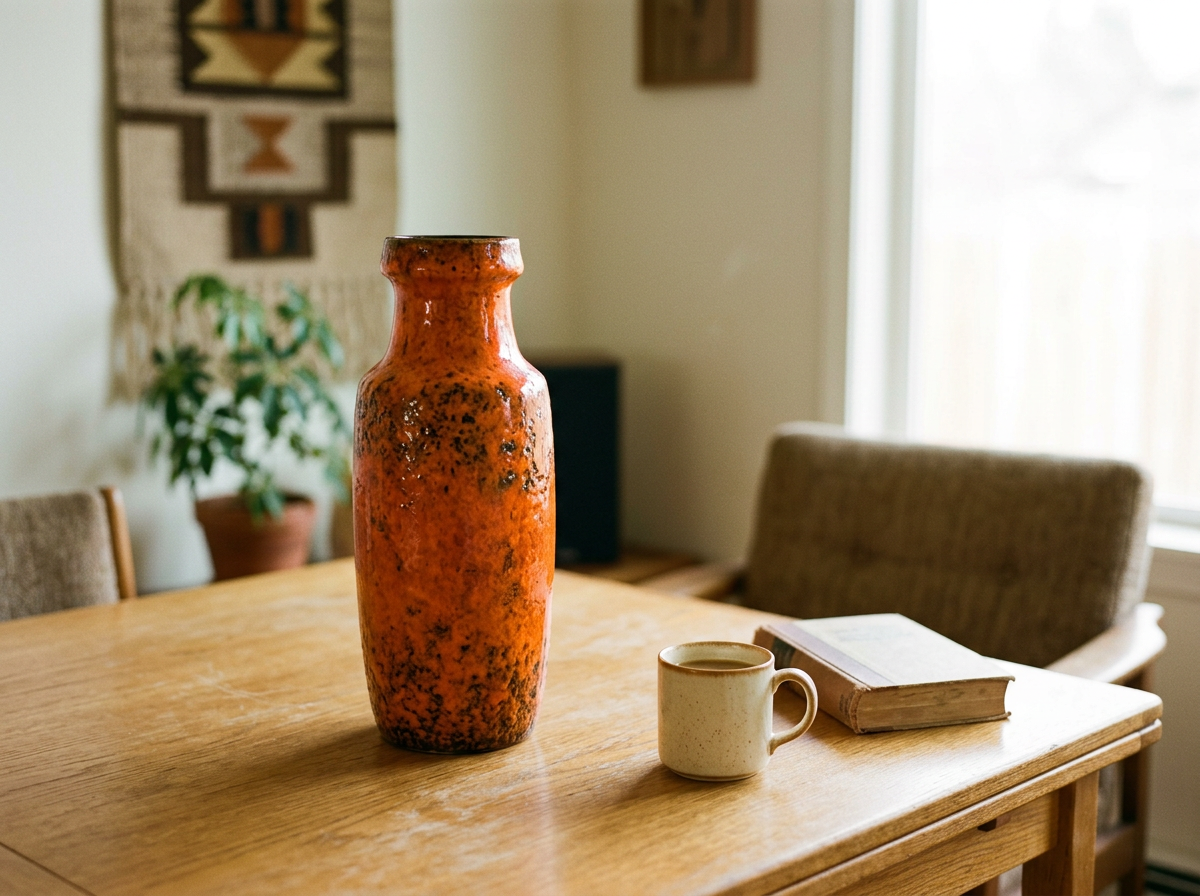 Ceramic vase, mug, and book on a wooden table in a cozy room with a plant and framed artwork.