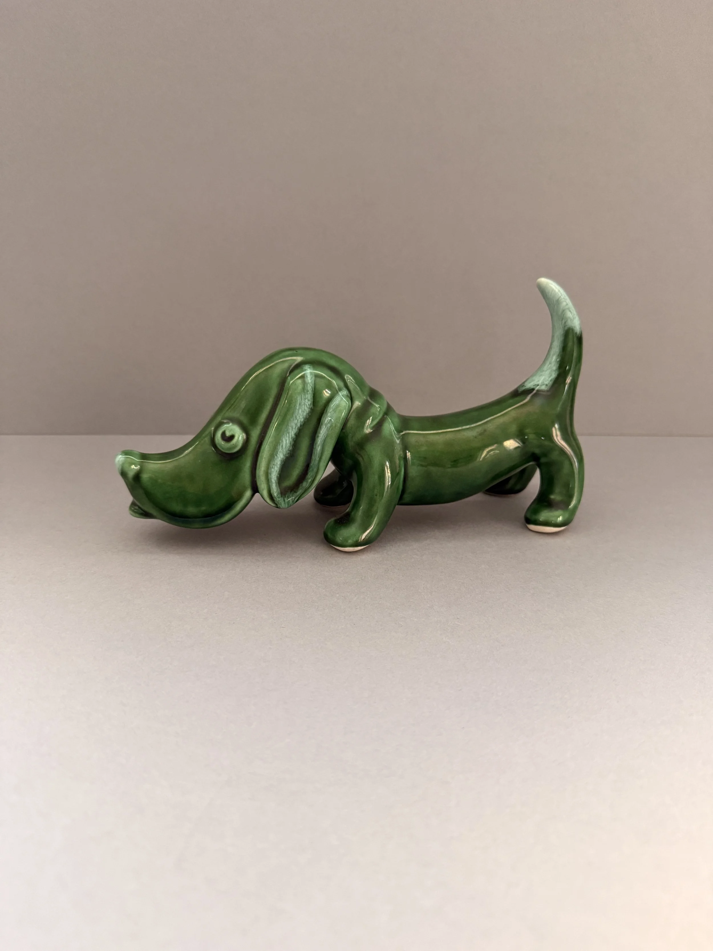 Vintage Trentham Art Ware Green Dachshund – Retro Pottery Dog – 20cm