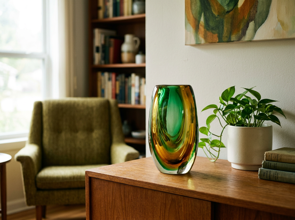 A colorful glass vase with green, yellow, and brown swirls placed on a wooden table, next to a potted green plant and a stack of books inside a cozy room with a bookshelf and window in the background.