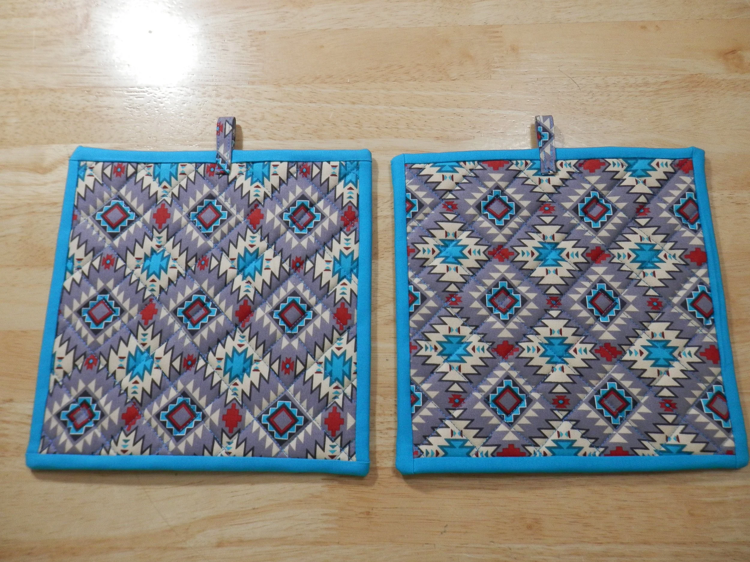 Grey/ Turquoise Potholders/Hot Pads Set of 2  8" x 8"