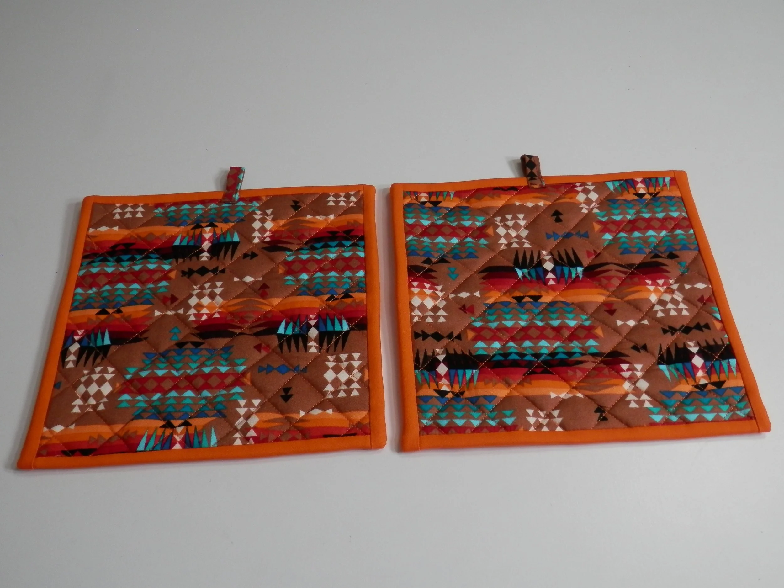 Southwest Multi Color Triangles Potholders / Hot Pads Set of 2  8" x 8"