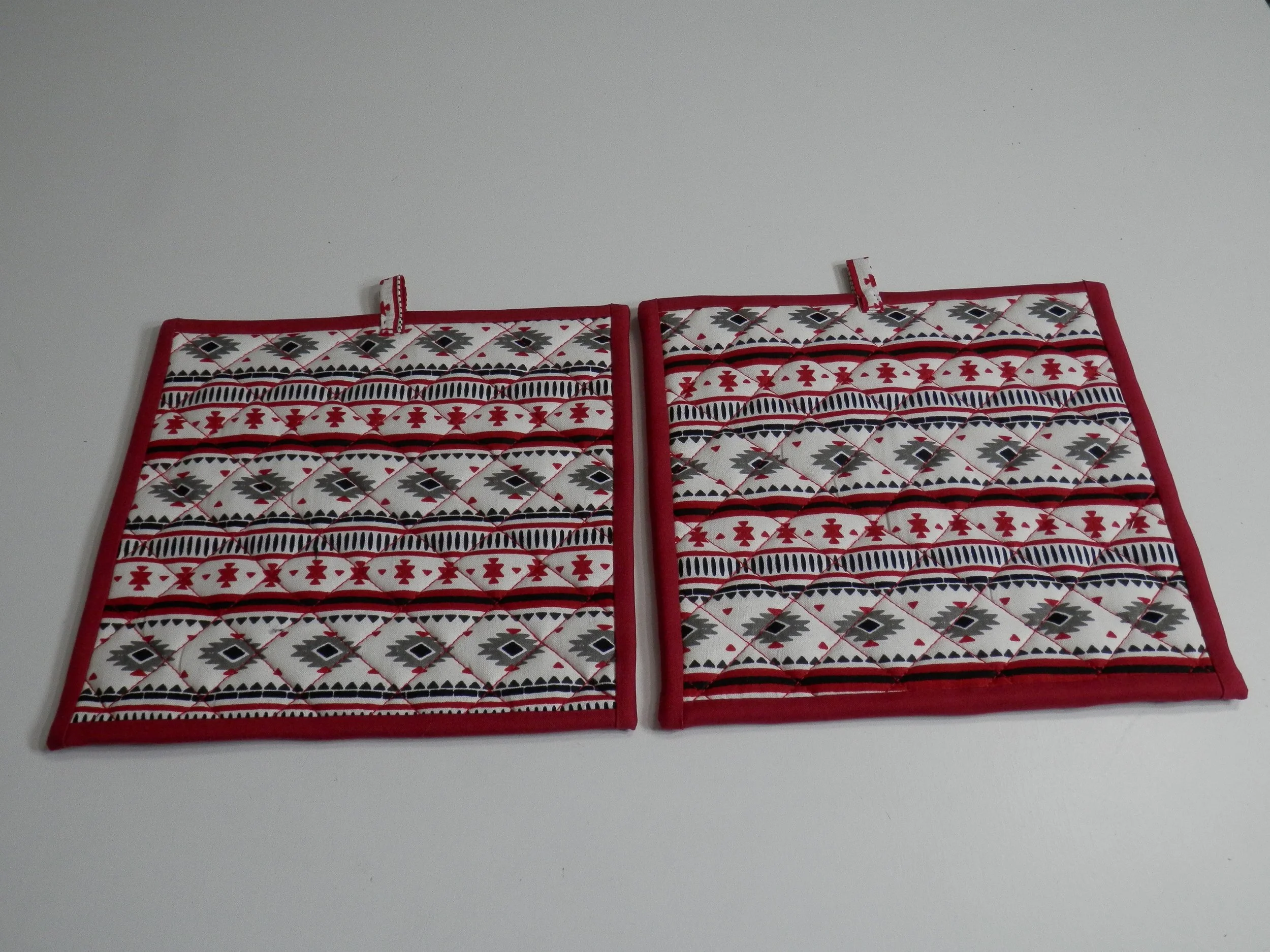 Southwest Design Potholders/Hot Pads in Burgundy/Black/Grey/White Set of 2