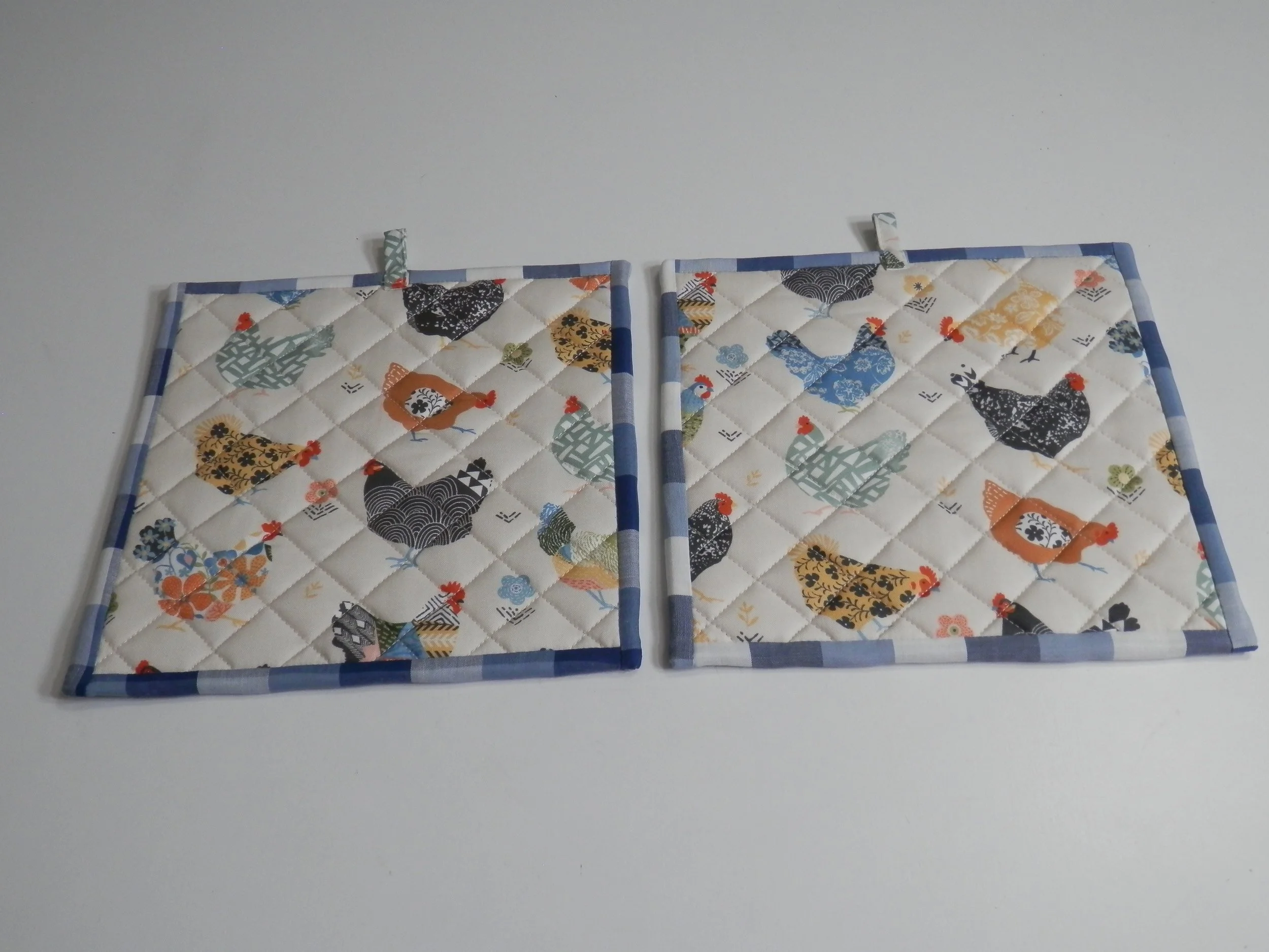 Colorful French Country Hens Potholders / Hot Pads Set of 2