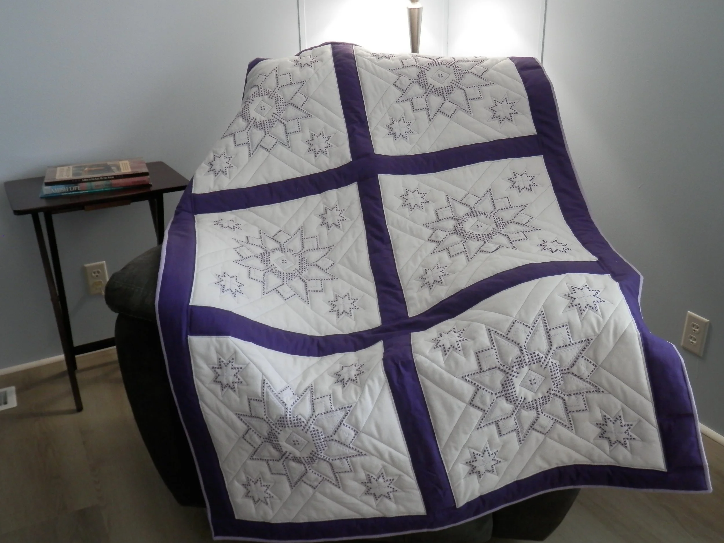 Cross-Stitched "Flowers & Stars" Quilt for Youth 65.5"L x 41"W