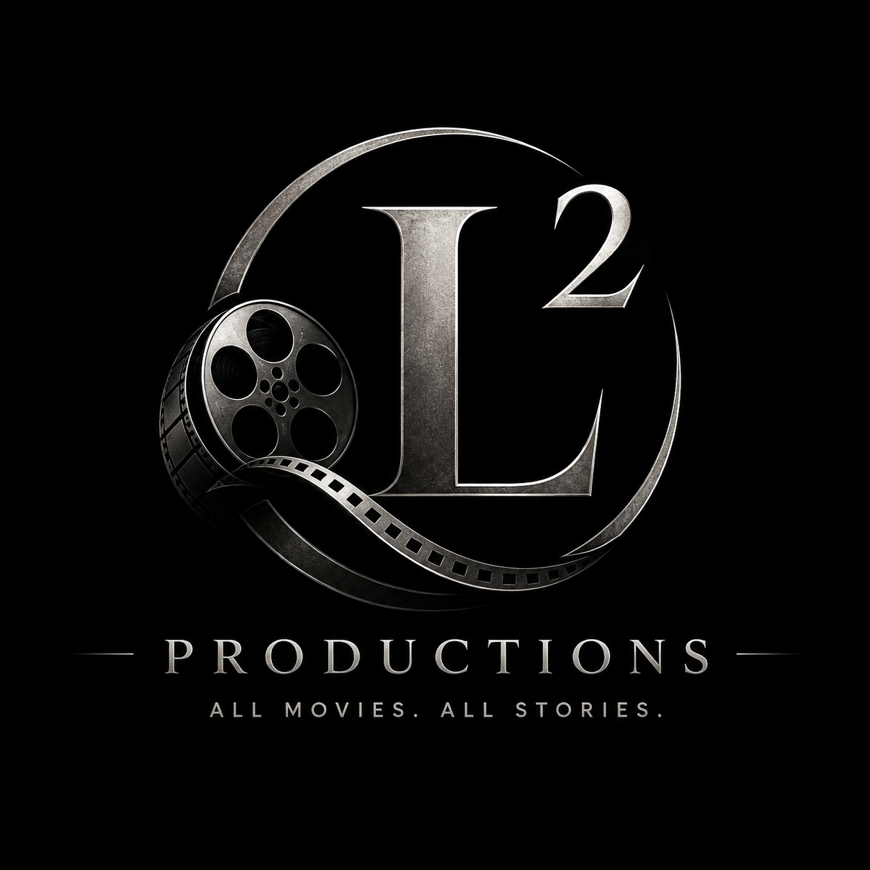 A logo for L2 Productions with a film reel, large silver letter L, and a small number 2, on a black background, with the tagline "All movies. All stories."
