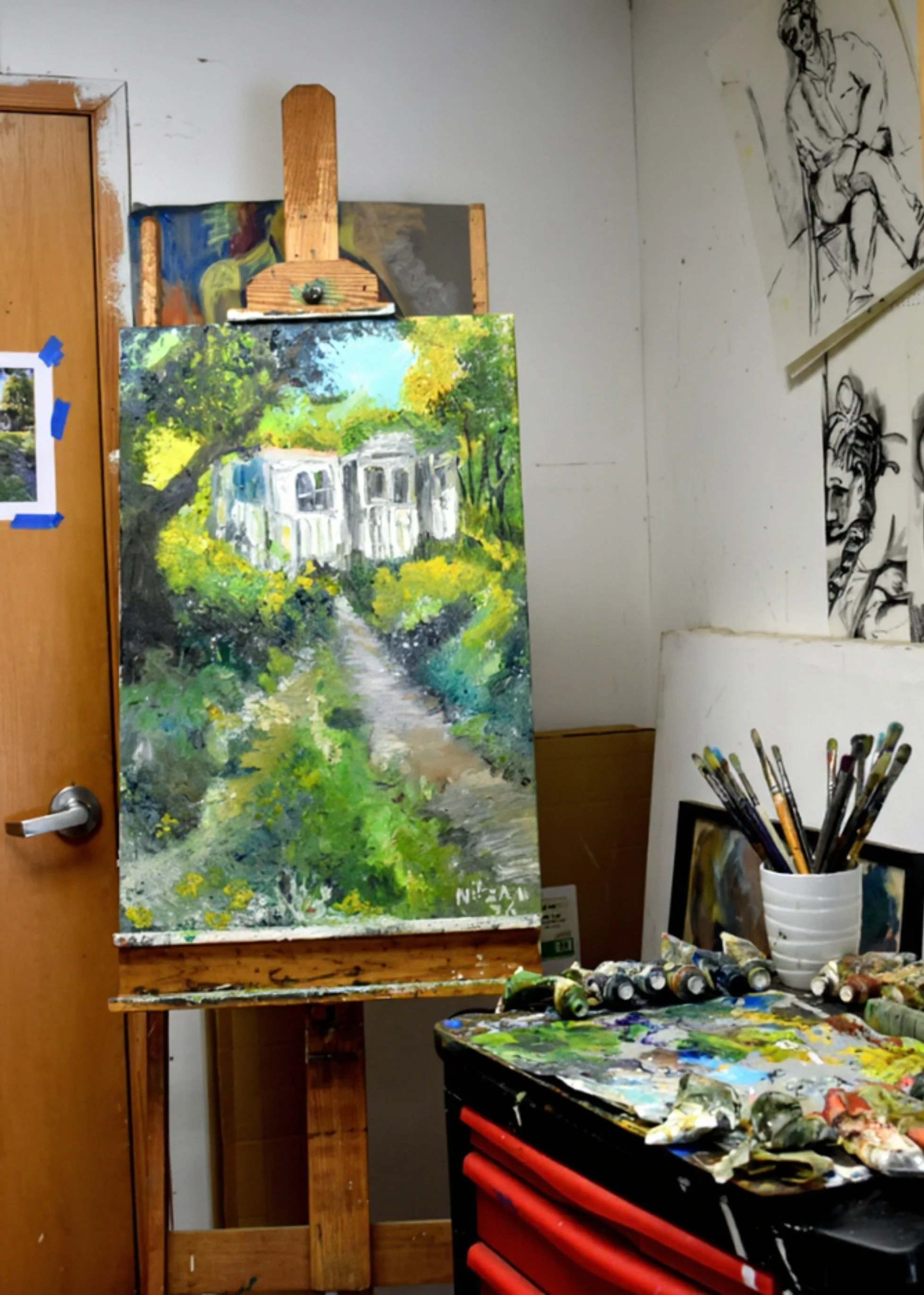 An artist's studio with a landscape painting on an easel, other artwork on the walls, a palette with paint, brushes in a white container, and various paint tubes and supplies on a table.