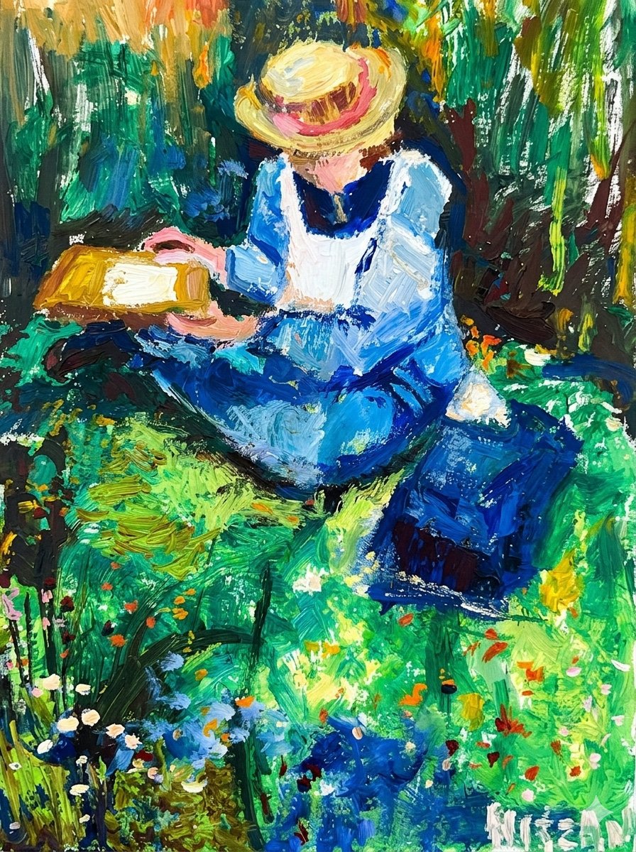 Original impasto gouache landscape painting titled The Poet depicting a figure in a straw hat writing in a sunlit meadow by Nitzan.