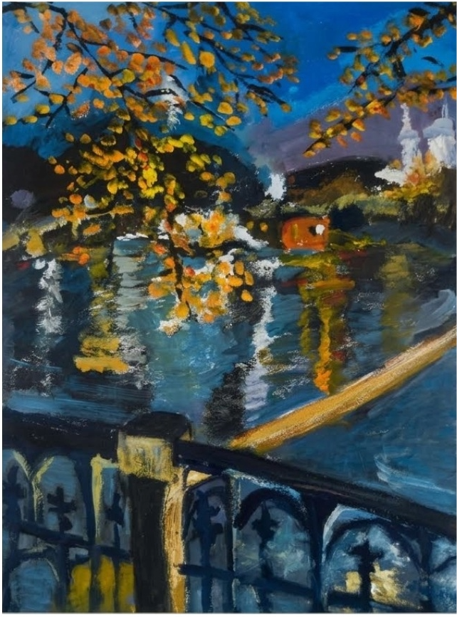 Prague Riverbank at Twilight 18x24 Impasto Gouache